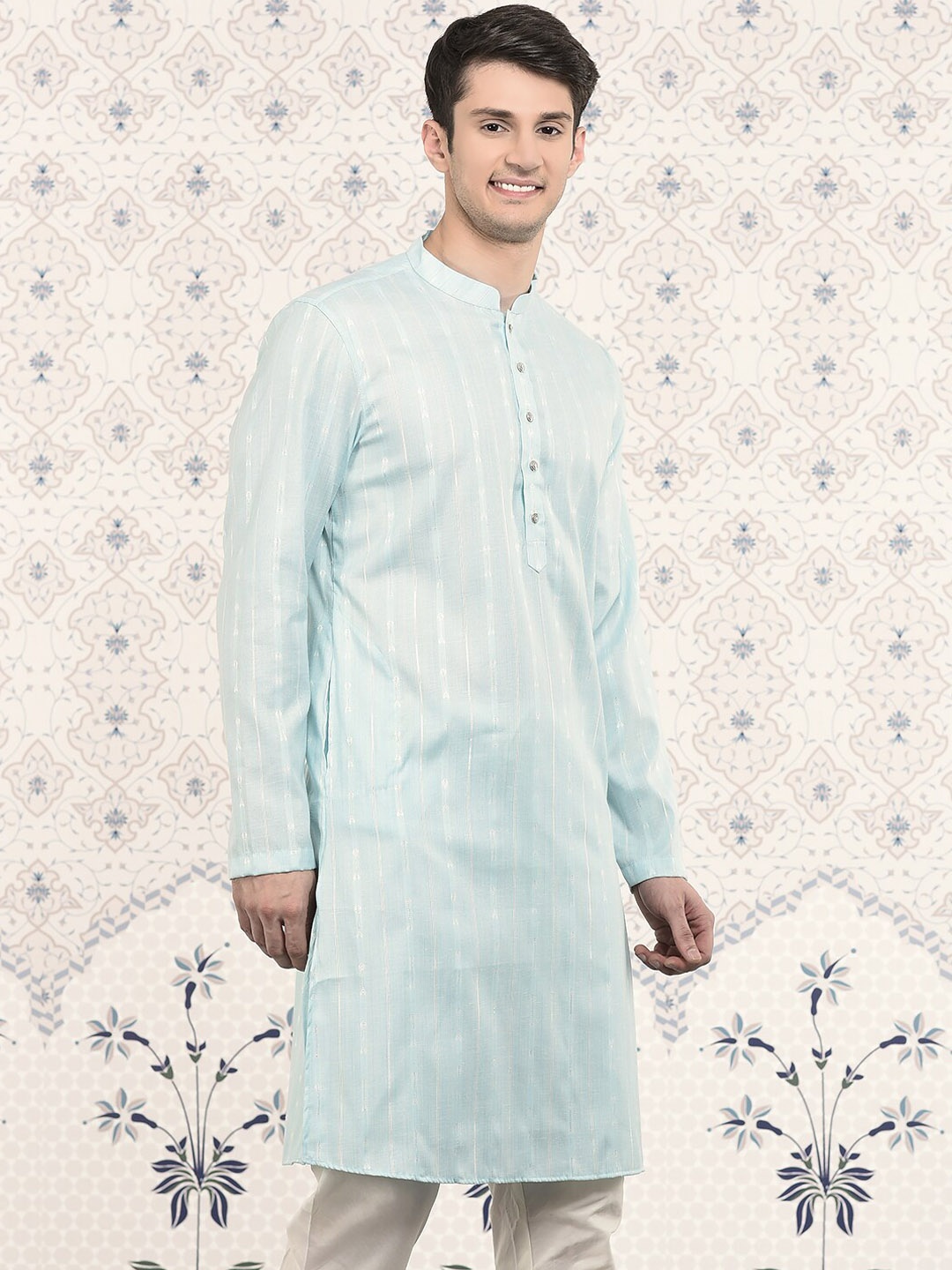 

Ode by House of Pataudi Blue Striped Woven design Jacquard Straight Kurta