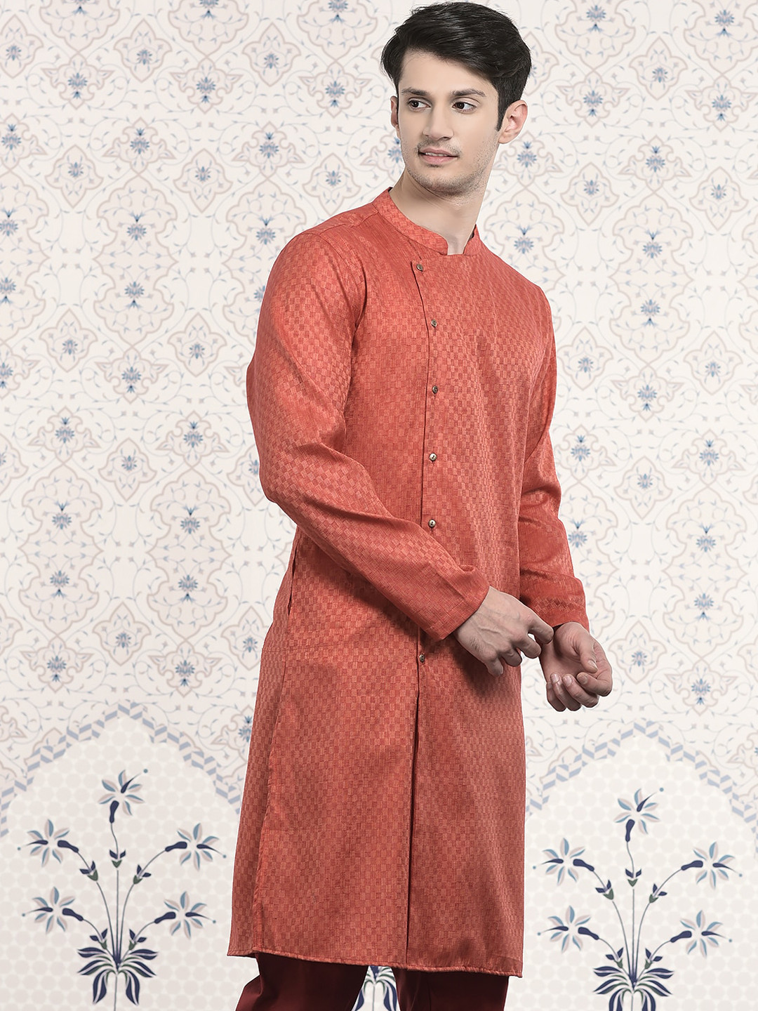 

Ode by House of Pataudi Rust Geometric Woven Design Jacquard Kurta