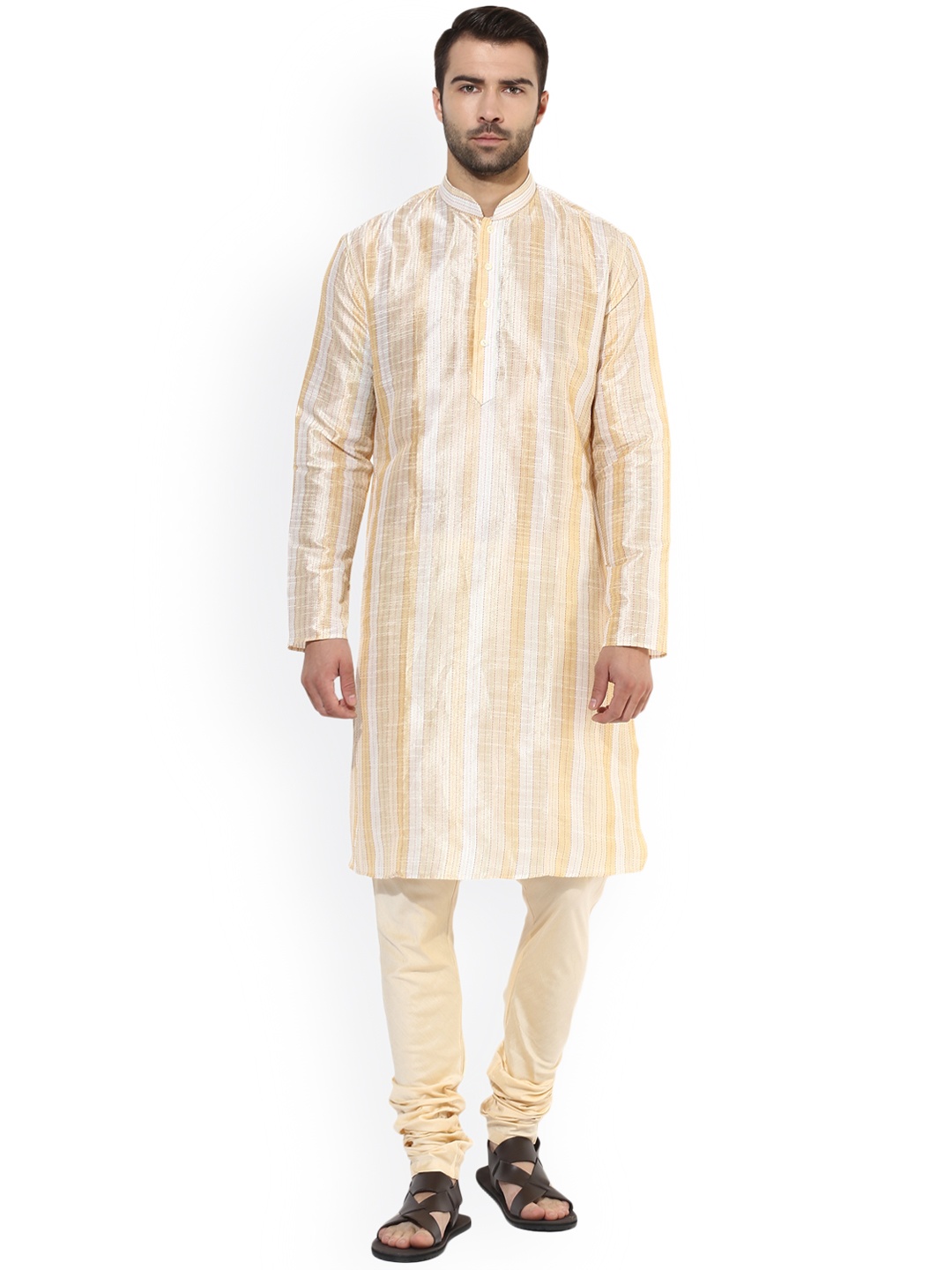 

KISAH Men Beige Striped A-Line Kurta