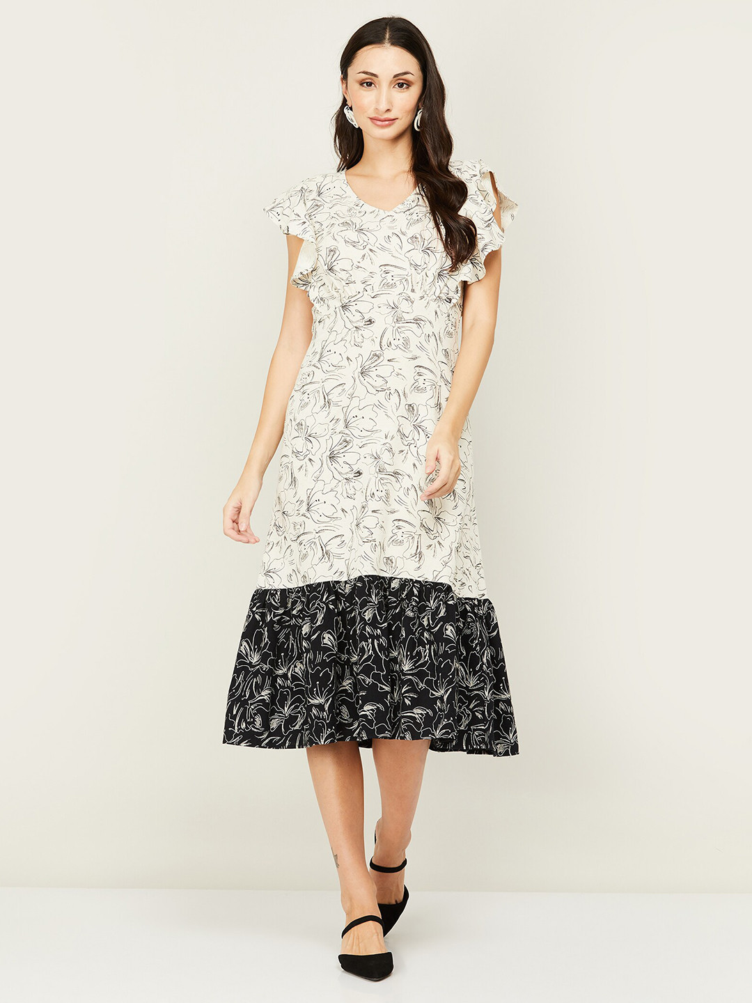 

CODE by Lifestyle Floral Flutter Sleeve A-Line Midi Dress, Beige