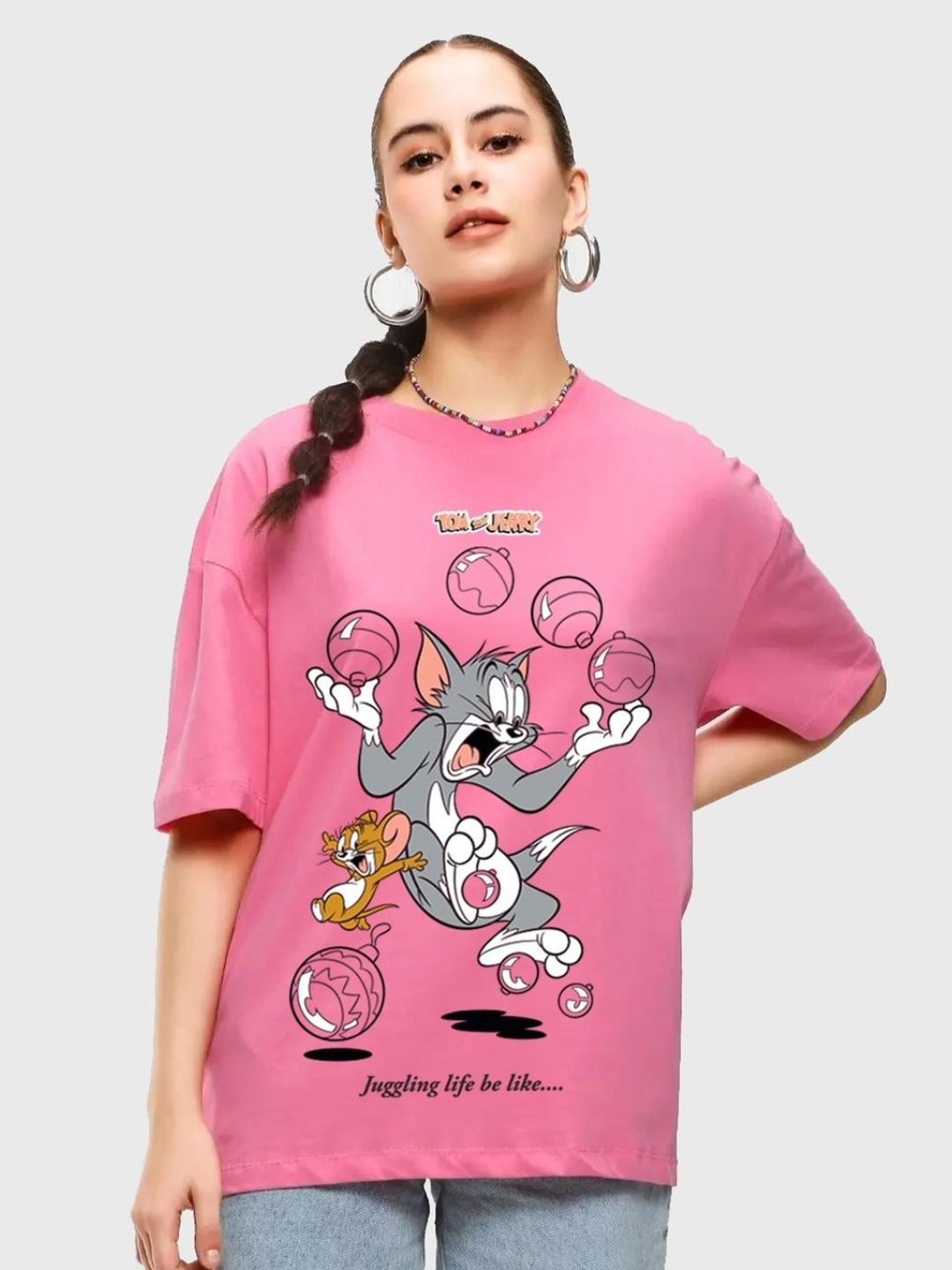 

Bewakoof Pink Tom & Jerry Printed Drop Shoulder Sleeves Cotton Oversize Fit T-shirt