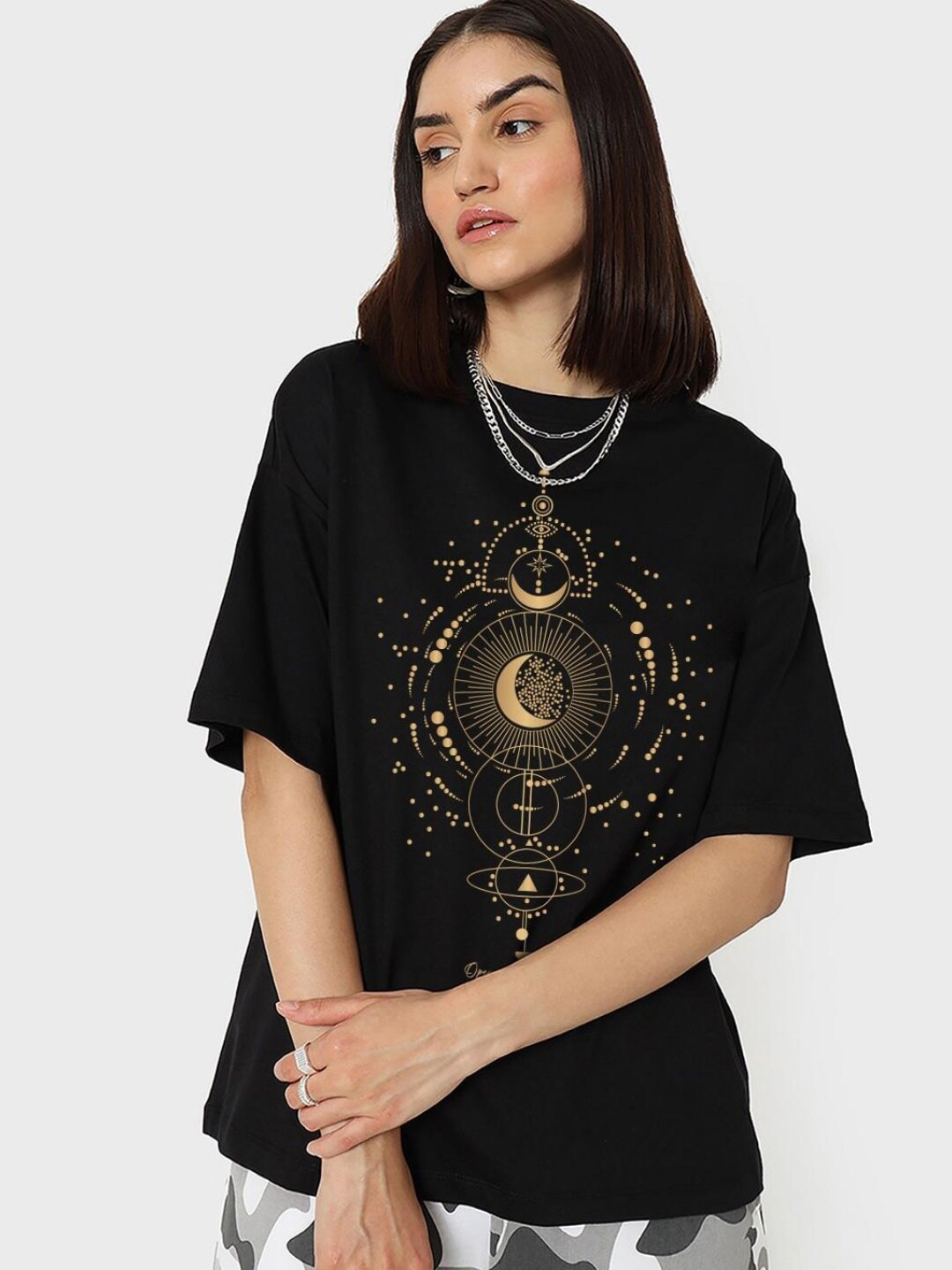 

Bewakoof Black Graphic Printed Drop-Shoulder Sleeves Oversize Cotton T-shirt
