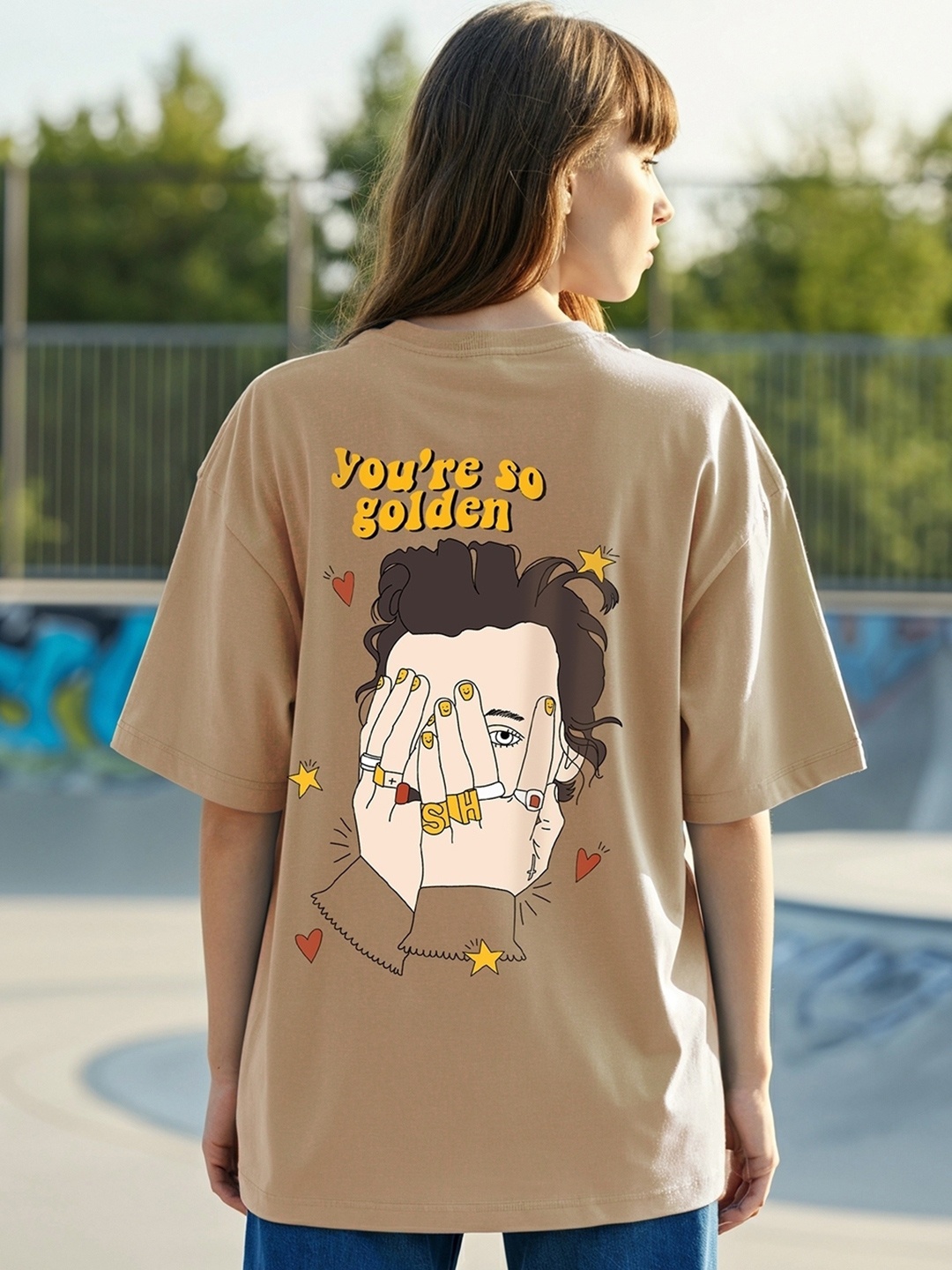 

Bewakoof Beige Graphic Printed Drop-Shoulder Sleeves Oversize Cotton T-shirt