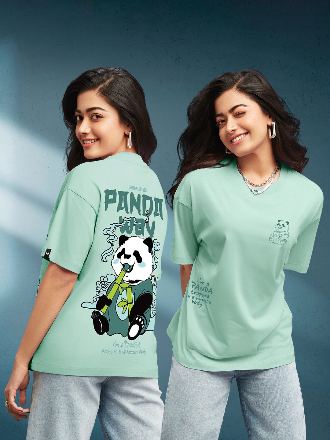 

Bewakoof Cotton Panda Printed Oversized Fit T-shirt, Green