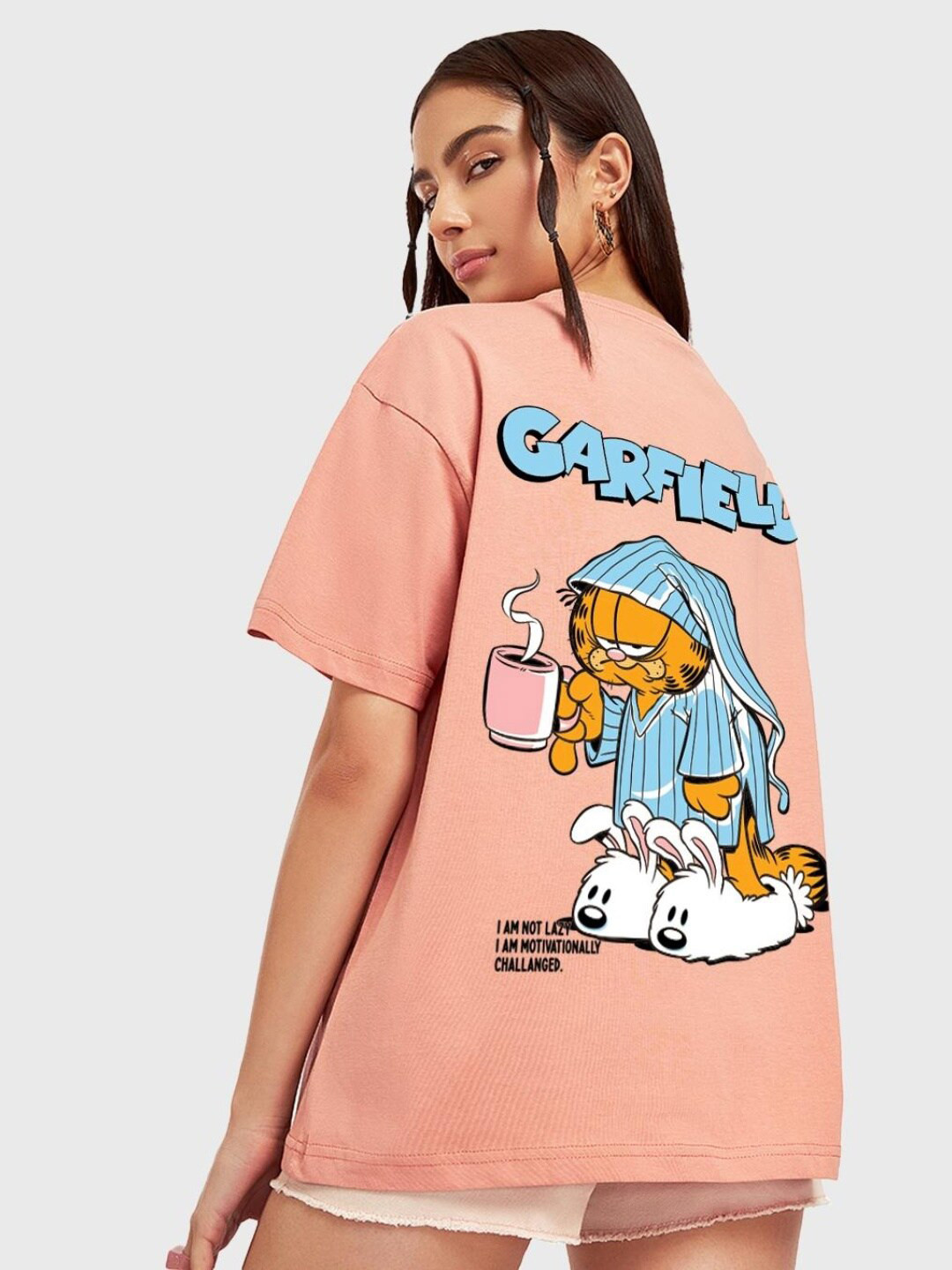 

Bewakoof Peach-Coloured Garfield Printed Cotton Oversize Fit T-shirt