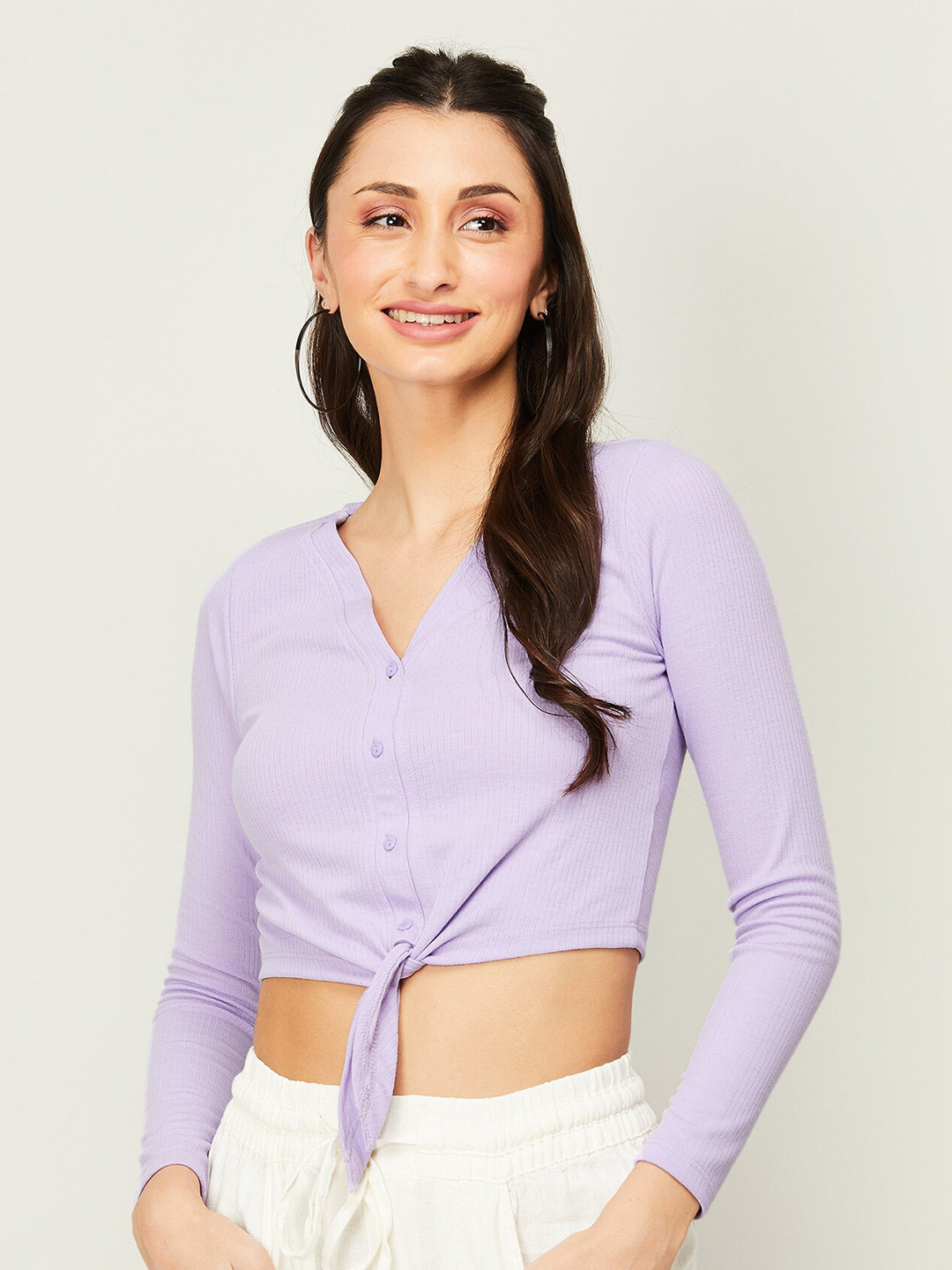 

Ginger by Lifestyle Waist Tie-Up Shirt Style Crop Top, Lavender