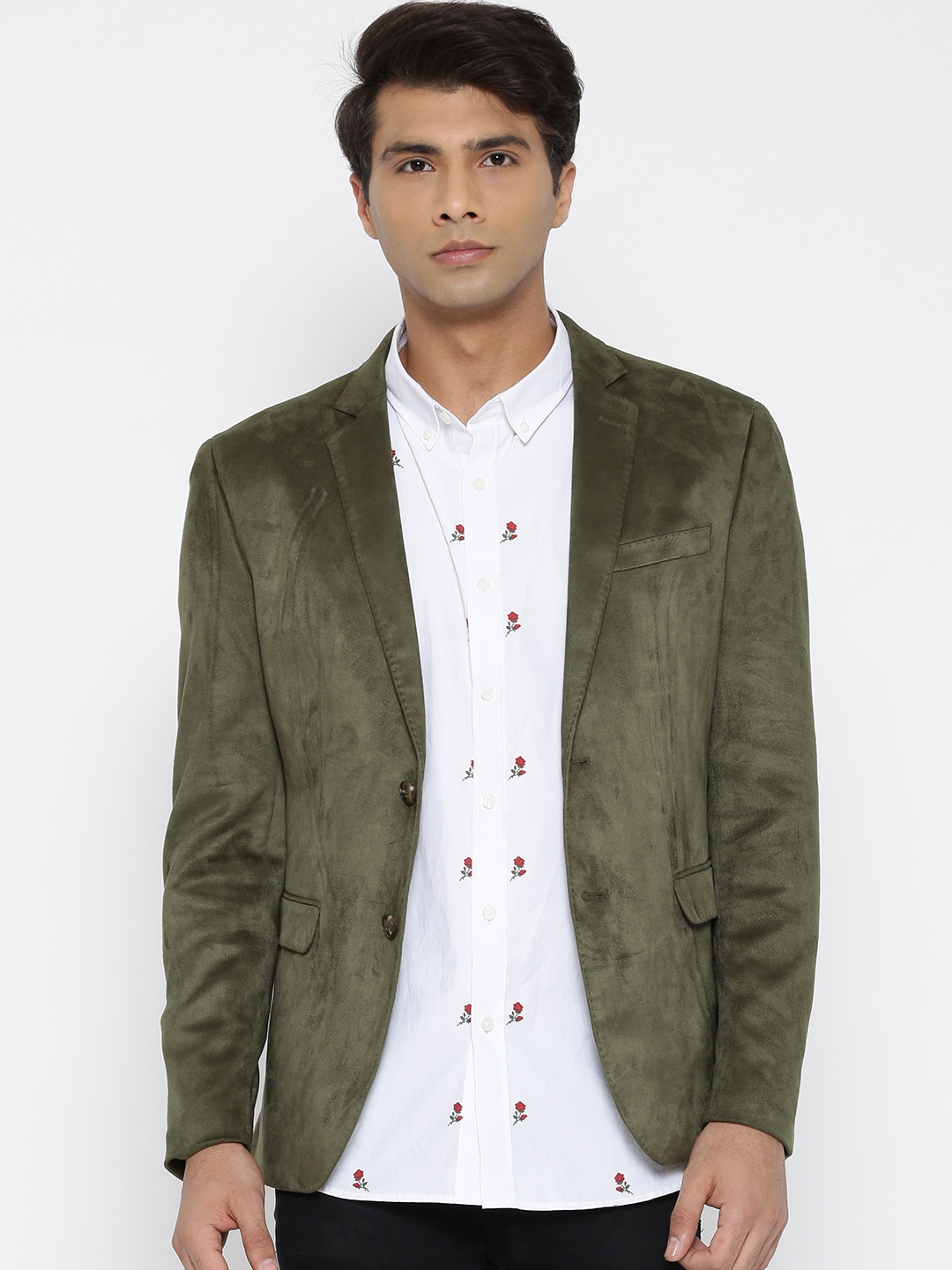 

Arrow Olive Green Suede Finish Single-Breasted Zero Calorie Fit Party Blazer