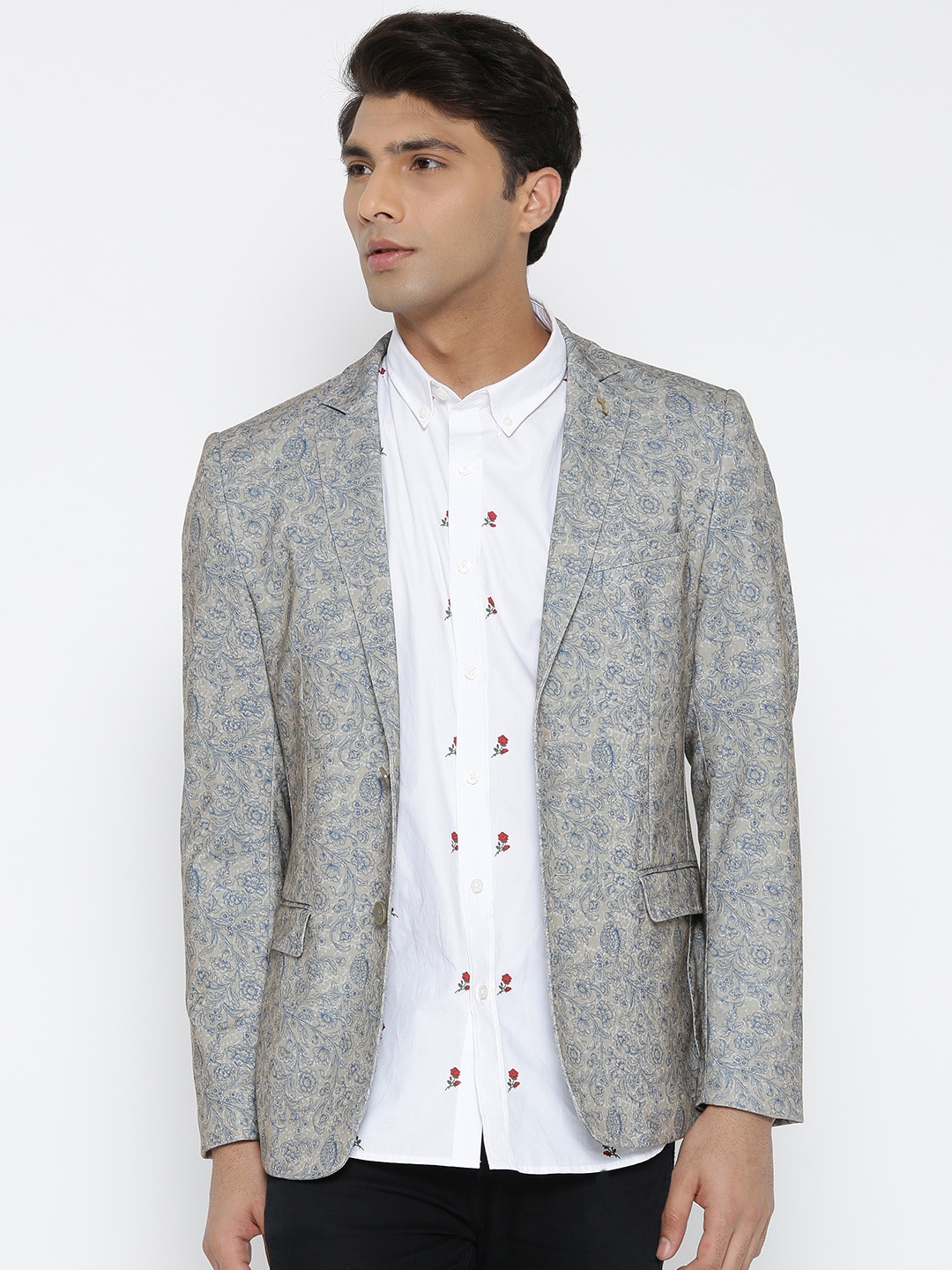 

Arrow Sport Blue & Olive Green Single-Breasted Floral Print Zero Calorie Fit Blazer