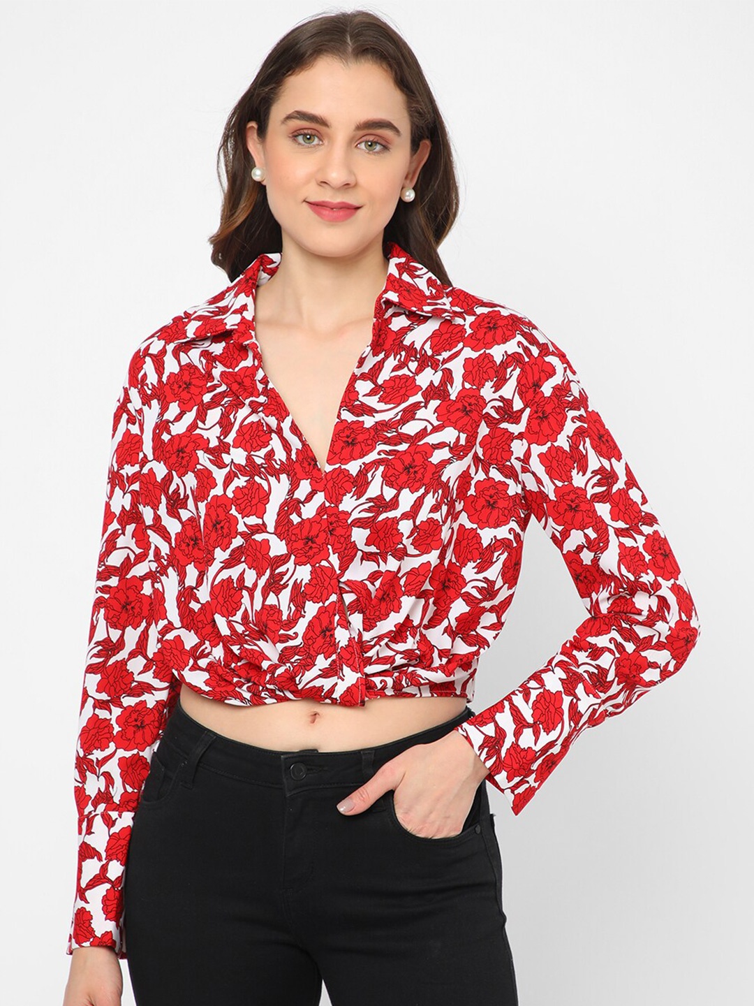 

R&B Shirt Collar Floral Printed Wrap Crop Top, Red