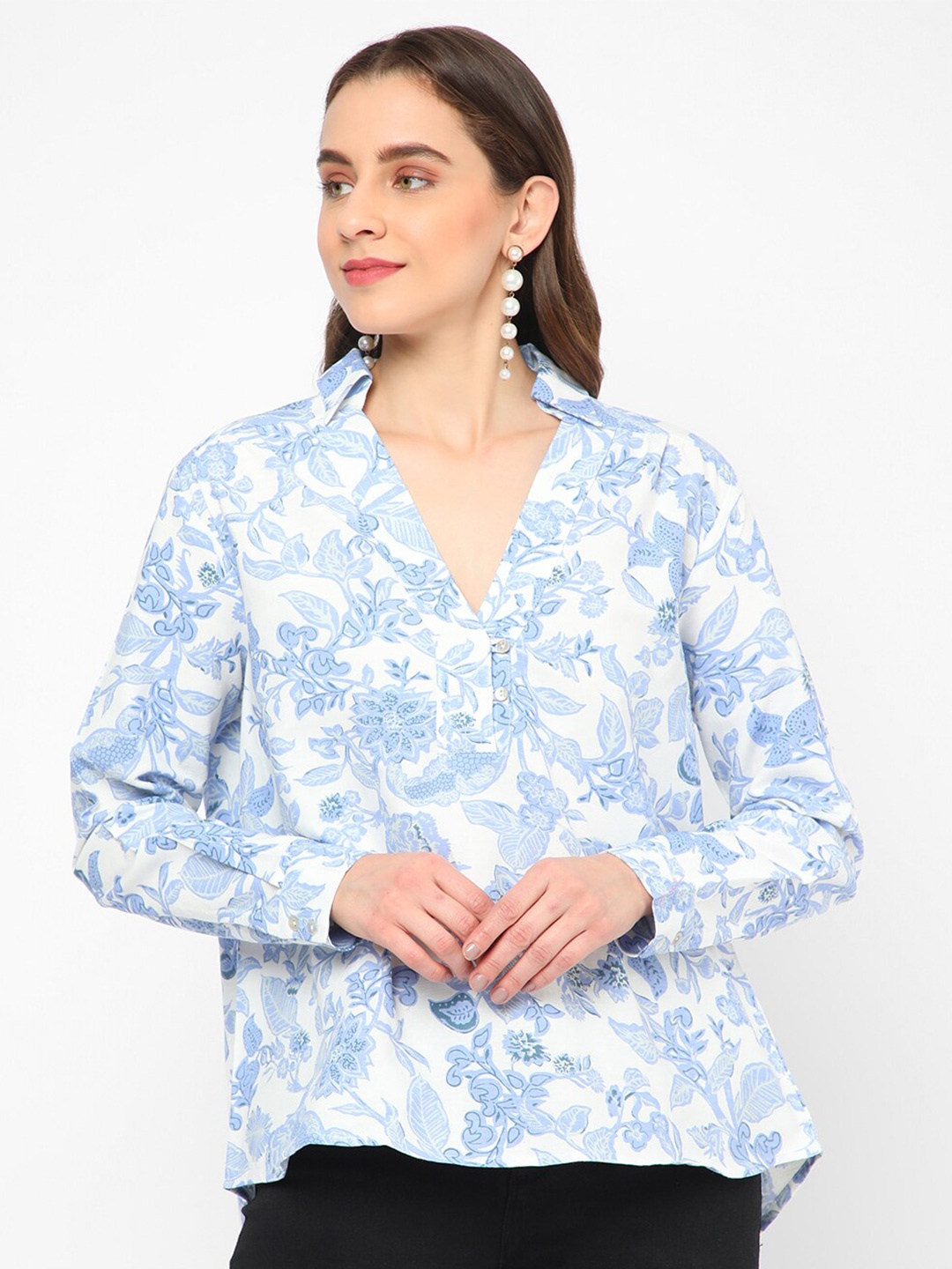 

R&B Spread Collar Floral Printed Shirt Style Top, White