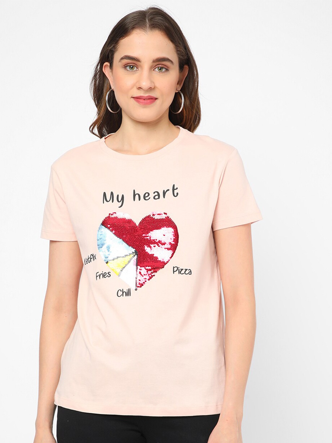 

R&B Typography Printed Embellished Cotton T-Shirt, Peach