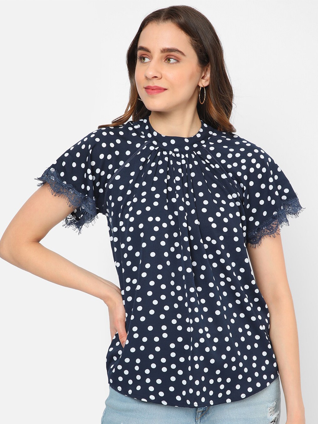 

R&B Polka Dot Print Raglan Sleeves Top, Blue
