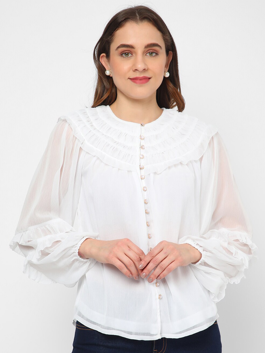 

R&B Round Neck Collar Tiered Shirt Style Top, White