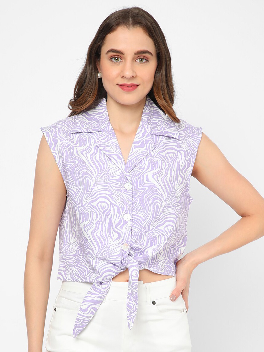 

R&B Abstract Printed Tie-Up Detail Shirt Style Top, Lavender