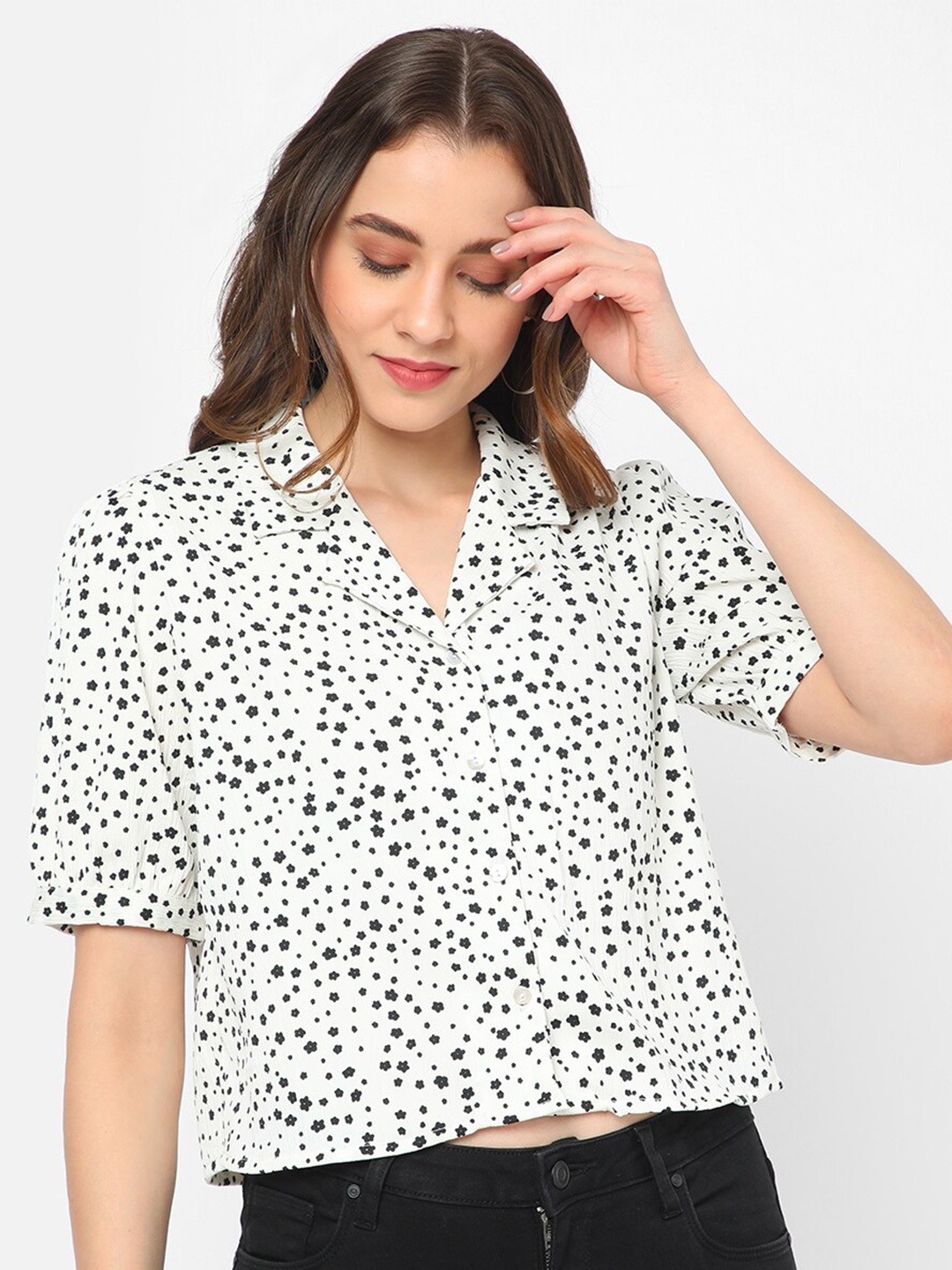 

R&B Floral Printed Puff Sleeves Shirt Style Top, White