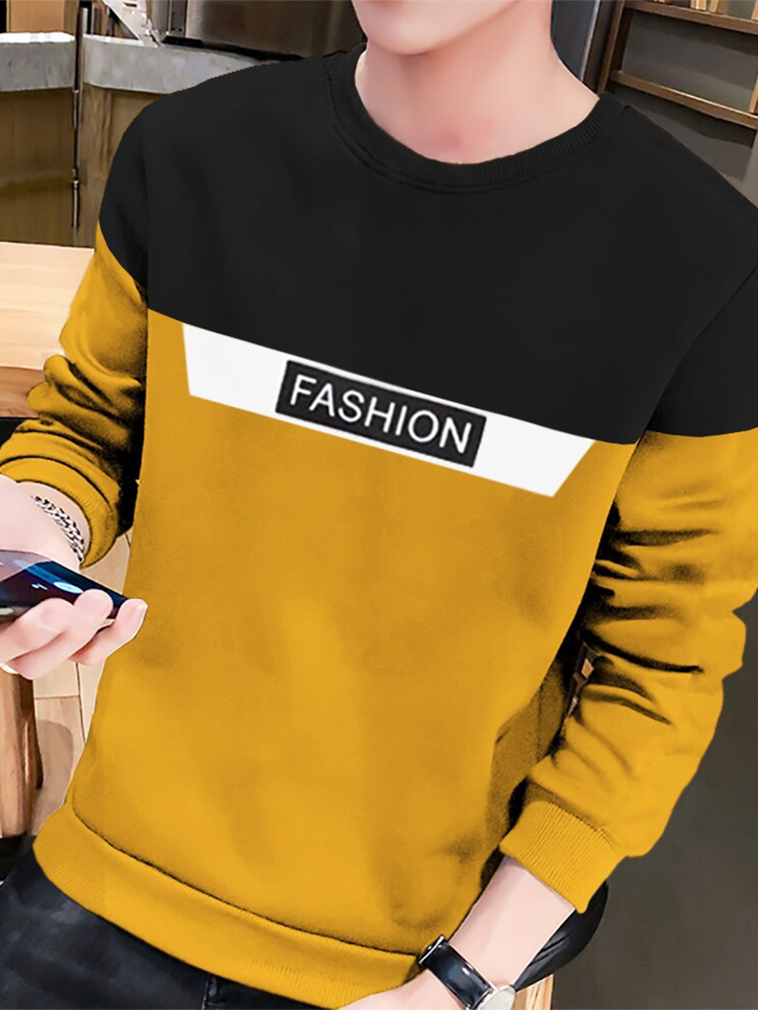 

BLIVE Colourblocked Long Sleeves Cotton T-shirt, Yellow