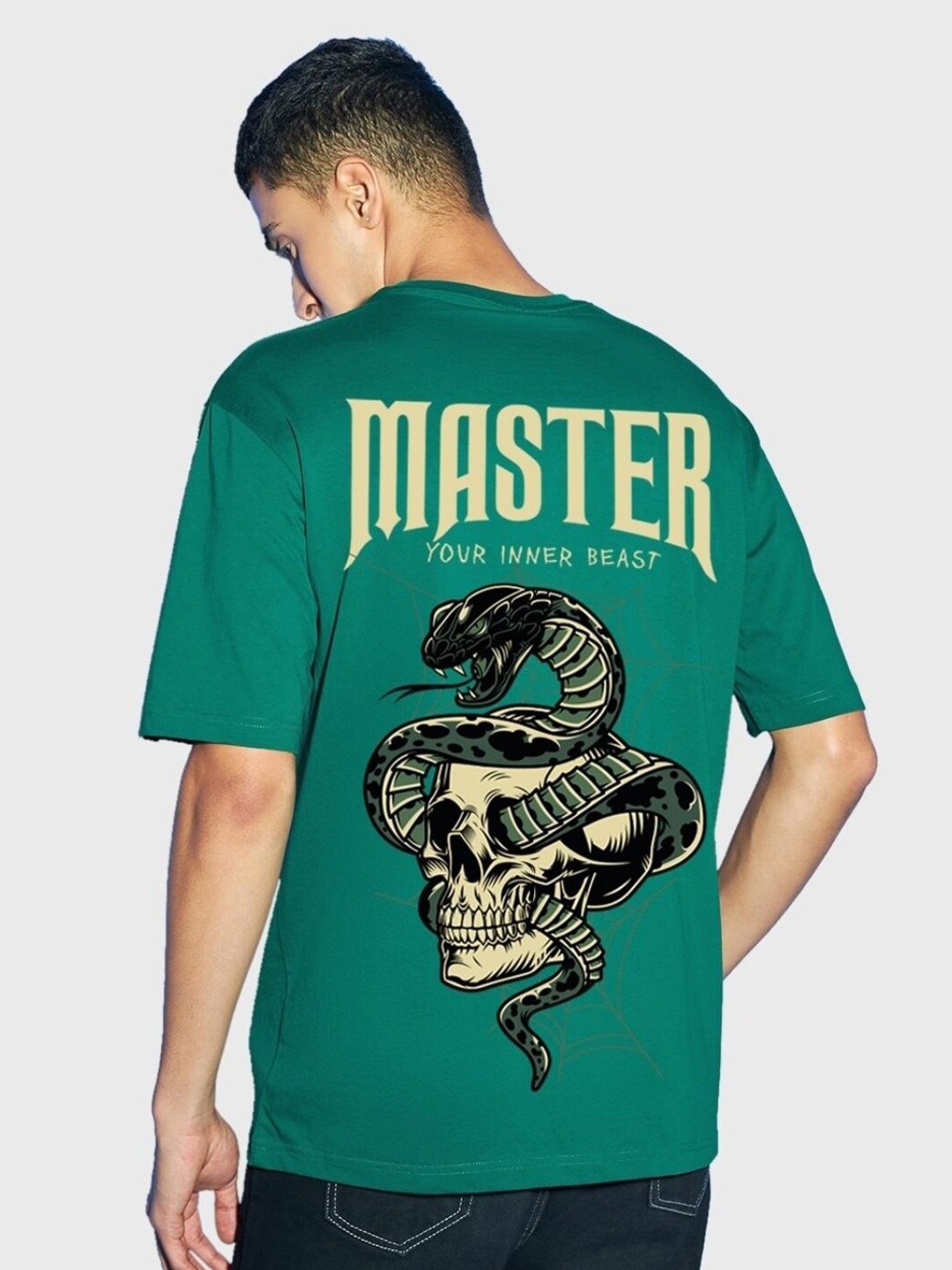 

Bewakoof Green Graphic Printed Drop-Shoulder Sleeves Oversize Cotton T-shirt