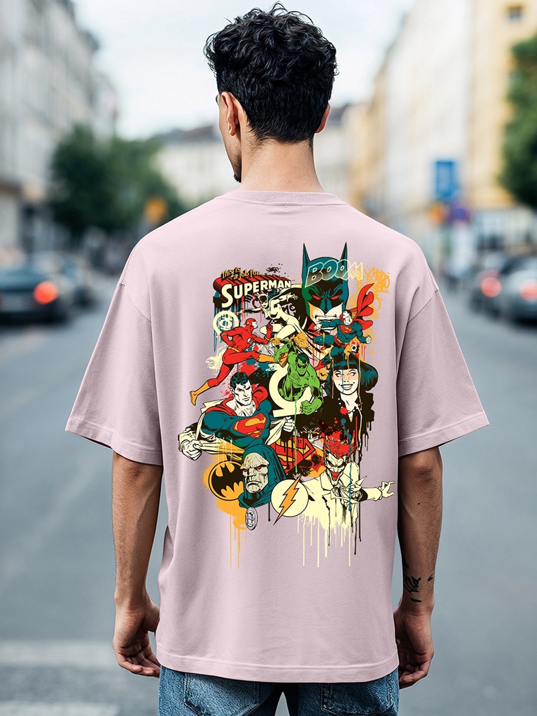 

Bewakoof Official DC Merchandise Justice League Society Graphic Printed Oversized T-shirt, Purple