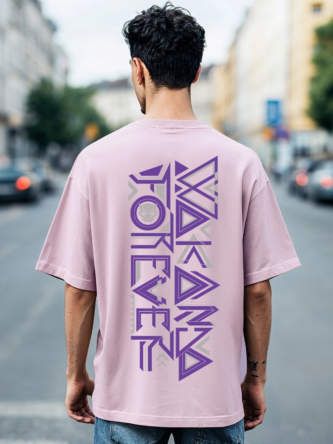 

Bewakoof Cotton Printed Drop-Shoulder Sleeves Oversized T-shirt, Purple