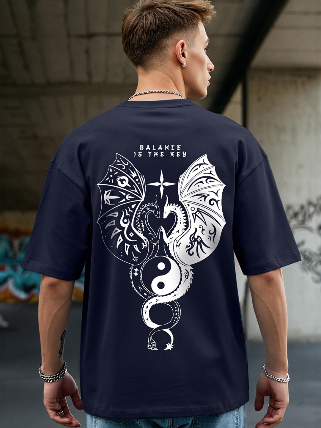 

Bewakoof Graphic Printed Drop-Shoulder Sleeves Oversized Pure Cotton T-shirt, Navy blue