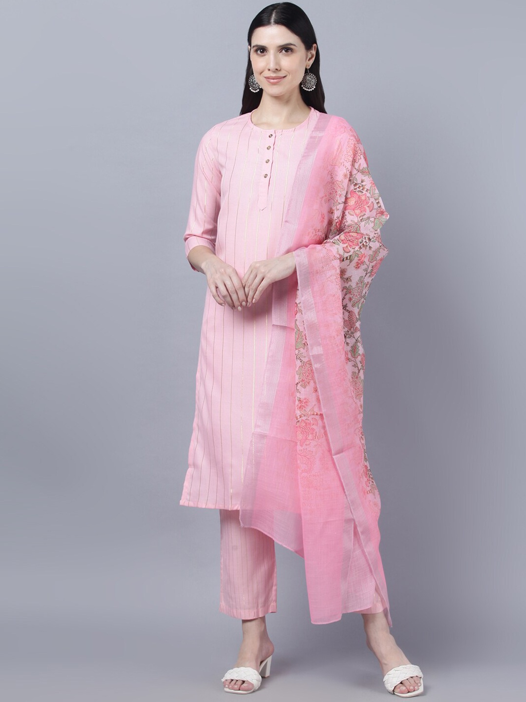 

Myshka Striped Pure Cotton Kurta with Trousers & Dupatta, Pink