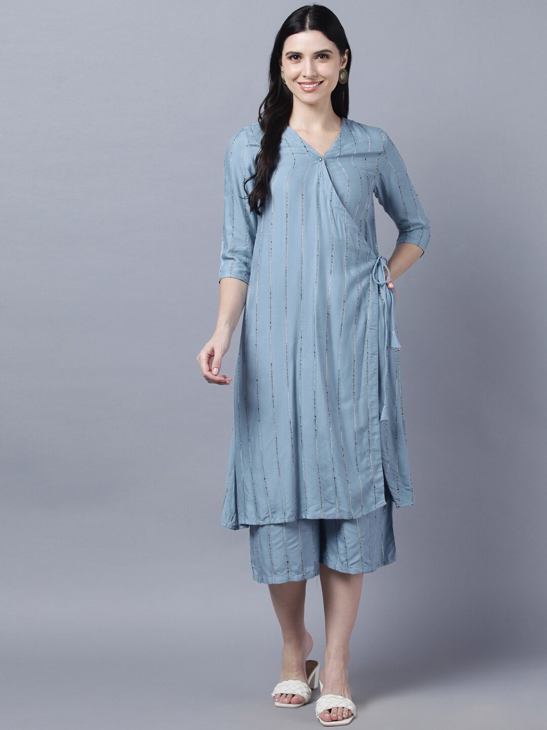 

Myshka Striped Angrakha A-Line Kurta with Palazzos, Blue