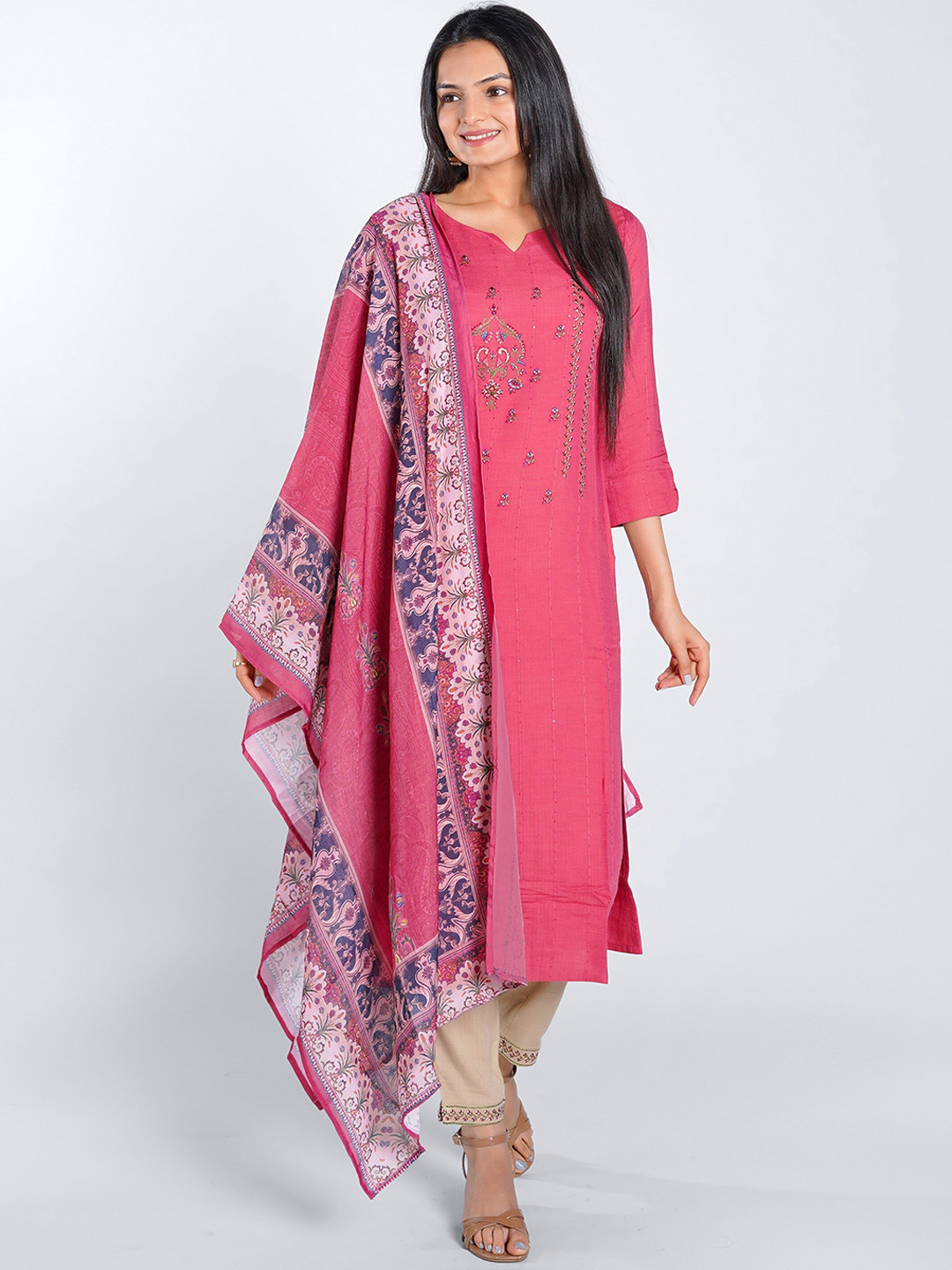

WOMEN VILLAGE Women Pink Embroidered Regular Thread Work Kurta with Trousers & With Dupatta