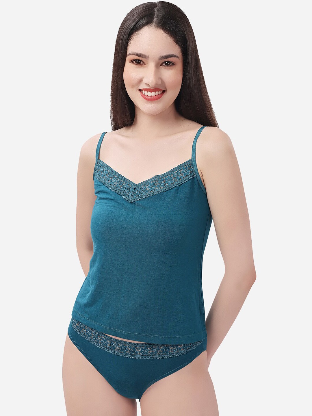 

Soie Super Soft Micro Modal Spandex Lace Neckline Camisole, Teal