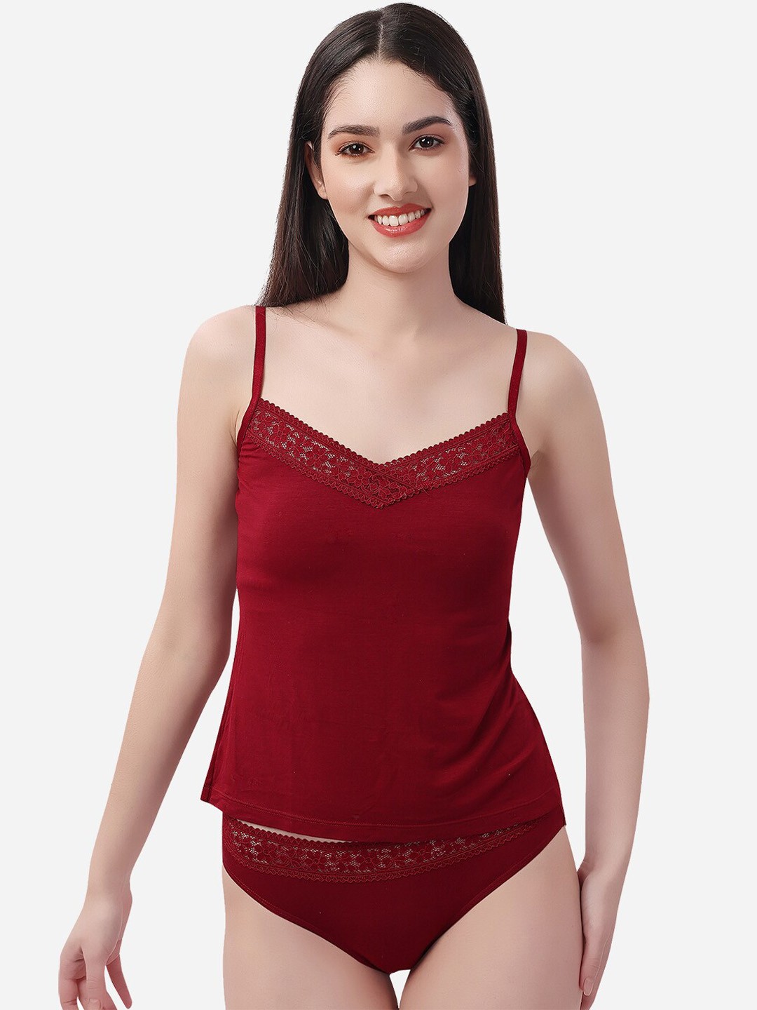 

Soie Women Super Soft Micro Modal Spandex Lace Neckline Camisole, Maroon