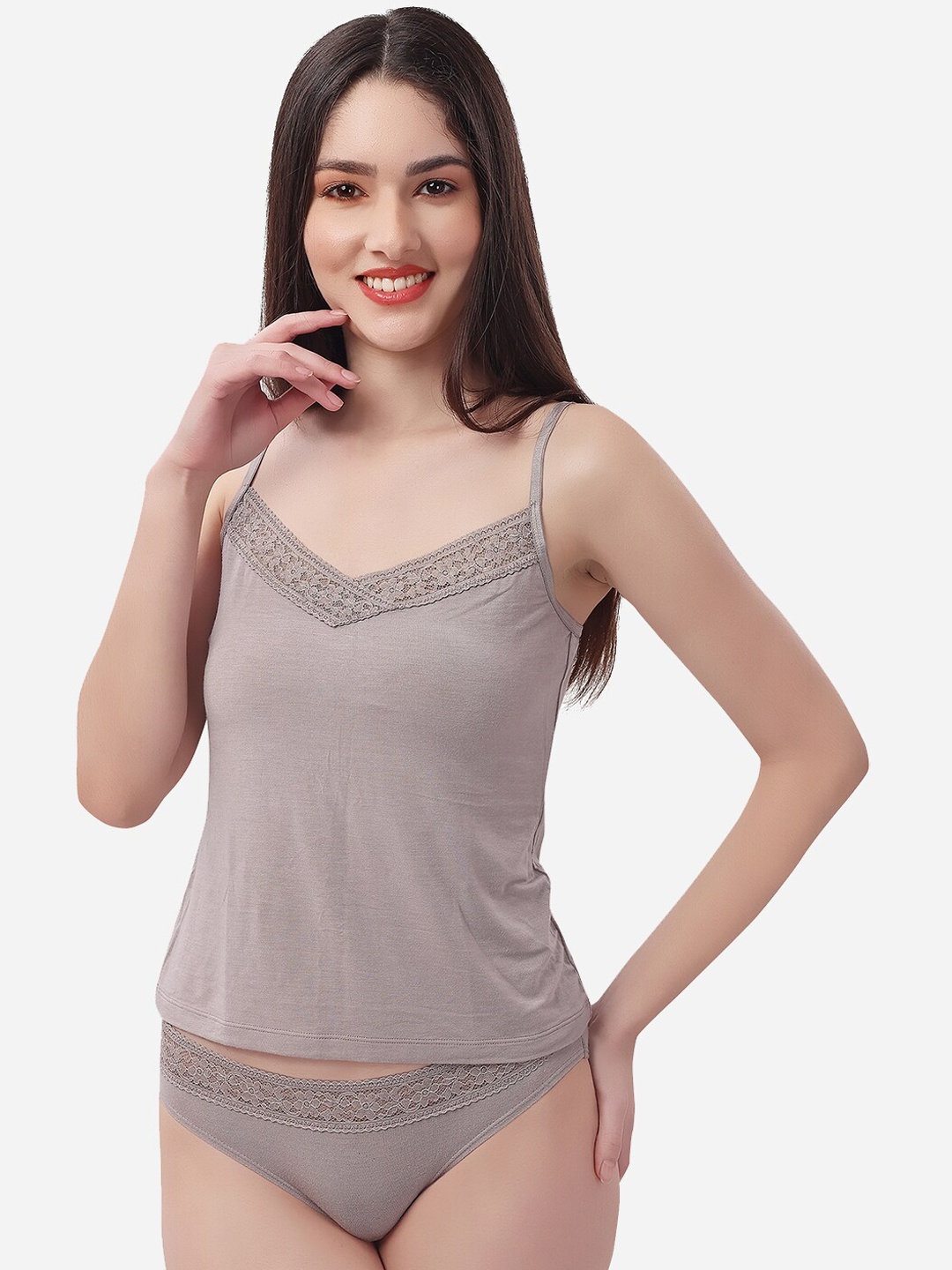 

SOIE Super Soft Micro Modal Spandex Lace Neckline Camisole, Grey