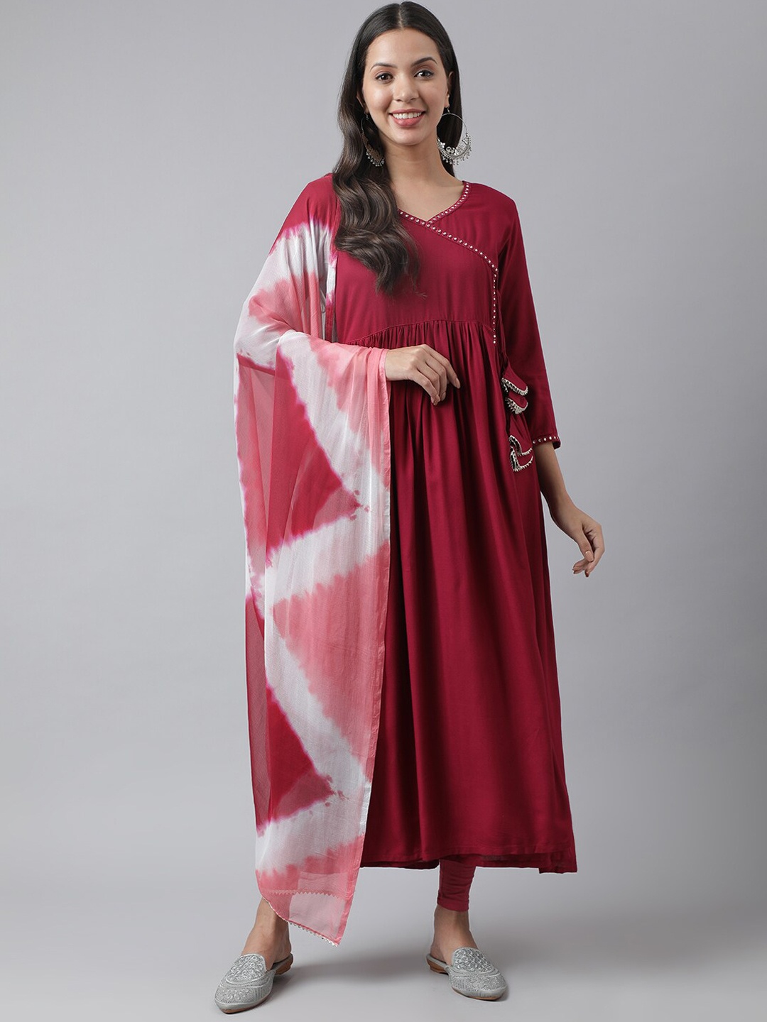 

Neemiya V-Neck Mirror Work Kurta With Dupatta, Burgundy