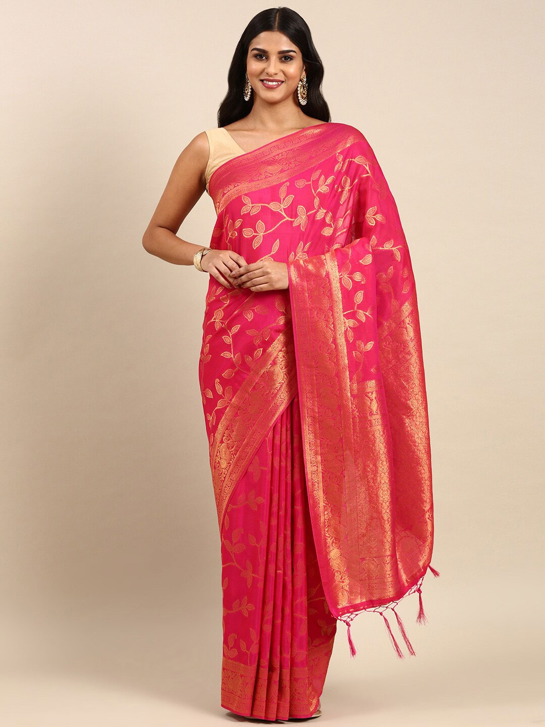 

Anouk Floral Woven Design Zari Silk Blend Saree, Fuchsia
