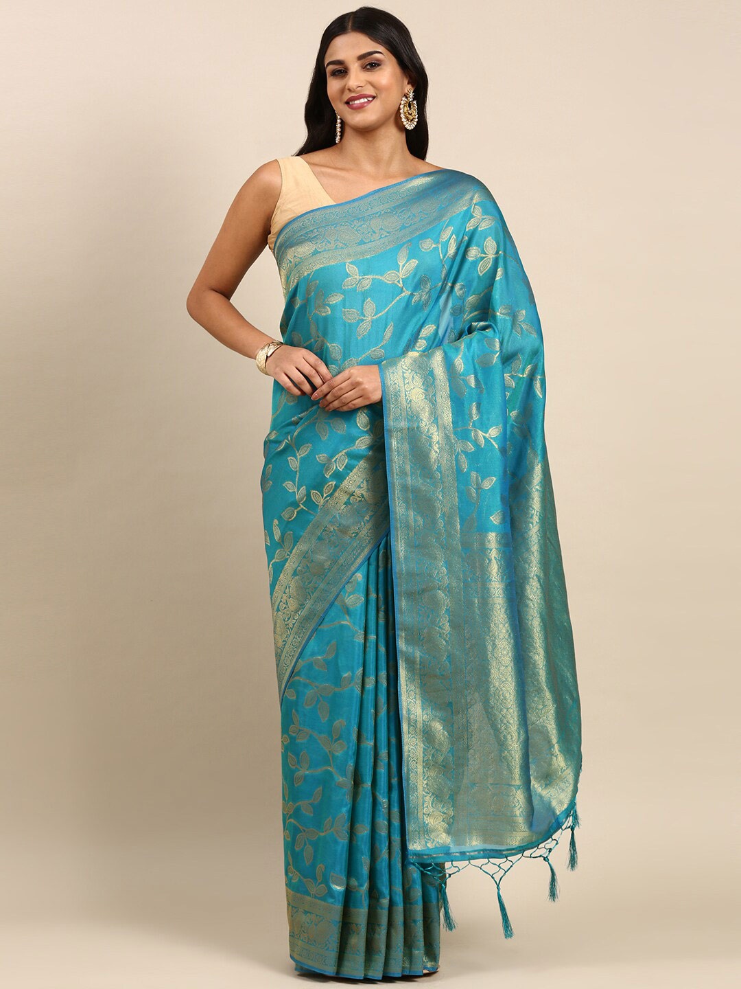 

Anouk Floral Woven Design Zari Silk Blend Saree, Turquoise blue