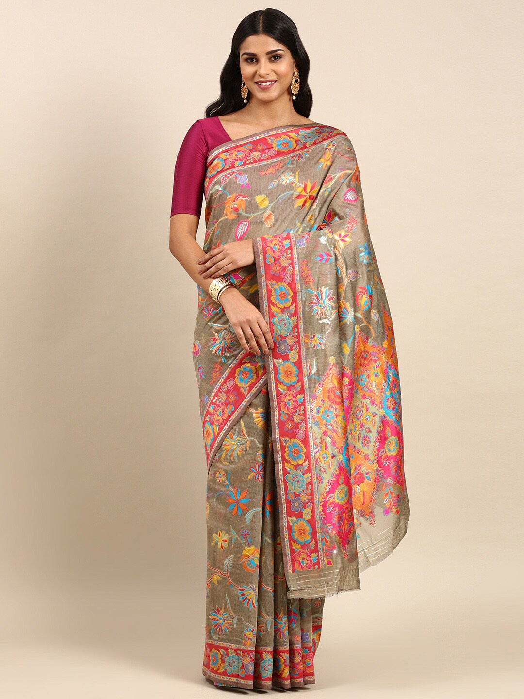 

Anouk Floral Woven Design Zari Silk Blend Saree, Grey