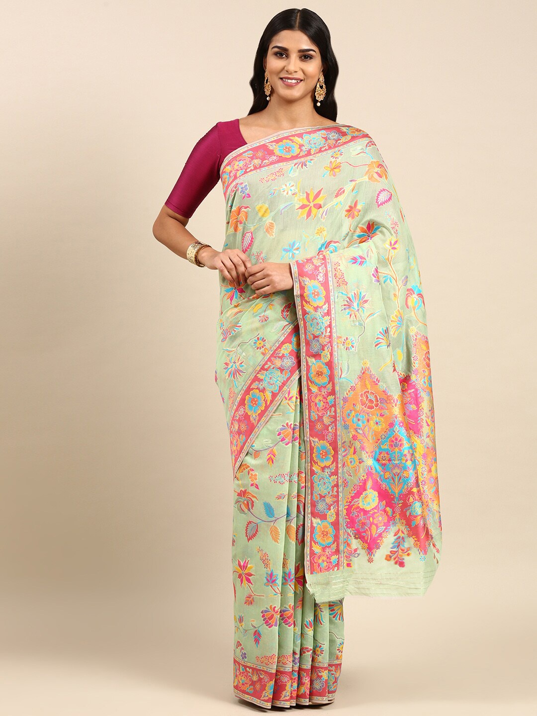 

Anouk Floral Woven Design Zari Saree, Green