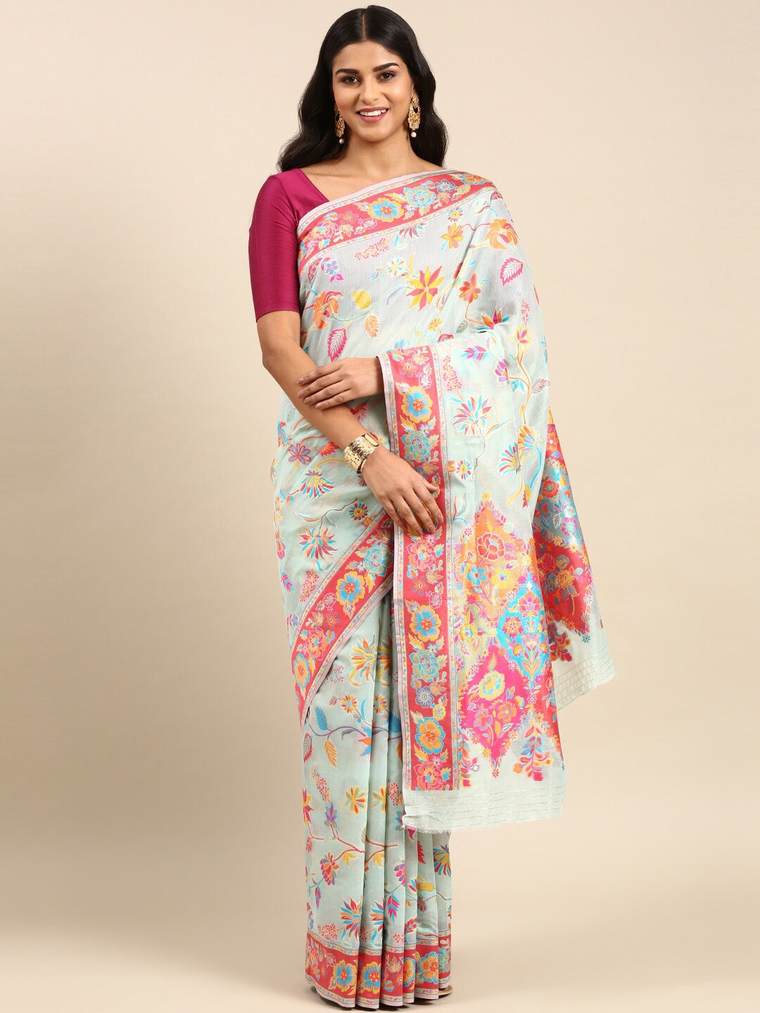 

Anouk Floral Woven Design Zari Saree, Sea green