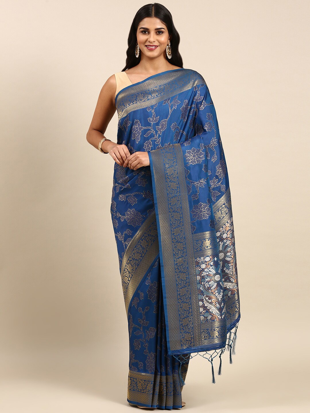 

Anouk Floral Woven Design Zari Silk Blend Saree, Navy blue