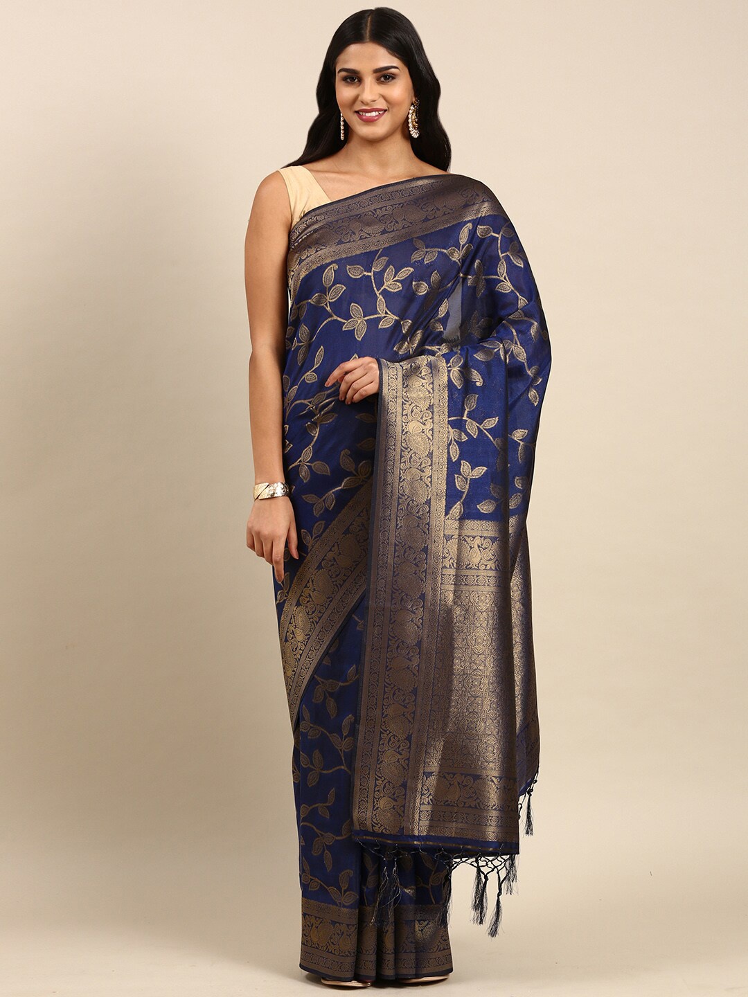 

Anouk Floral Woven Design Zari Silk Blend Saree, Navy blue