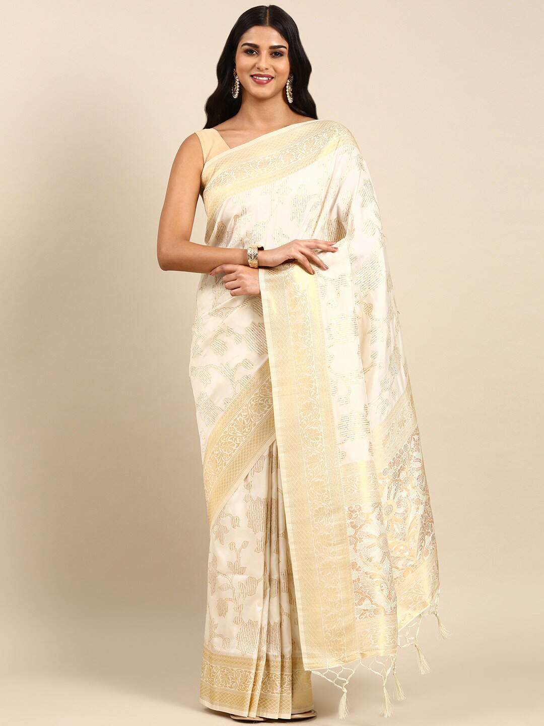 

Anouk Floral Woven Design Zari Silk Blend Saree, Cream