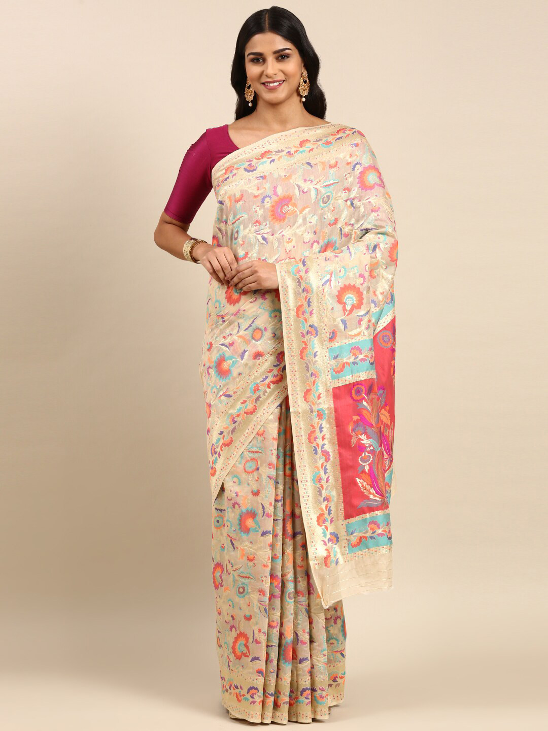 

Anouk Floral Woven Design Zari Silk Blend Saree, Cream