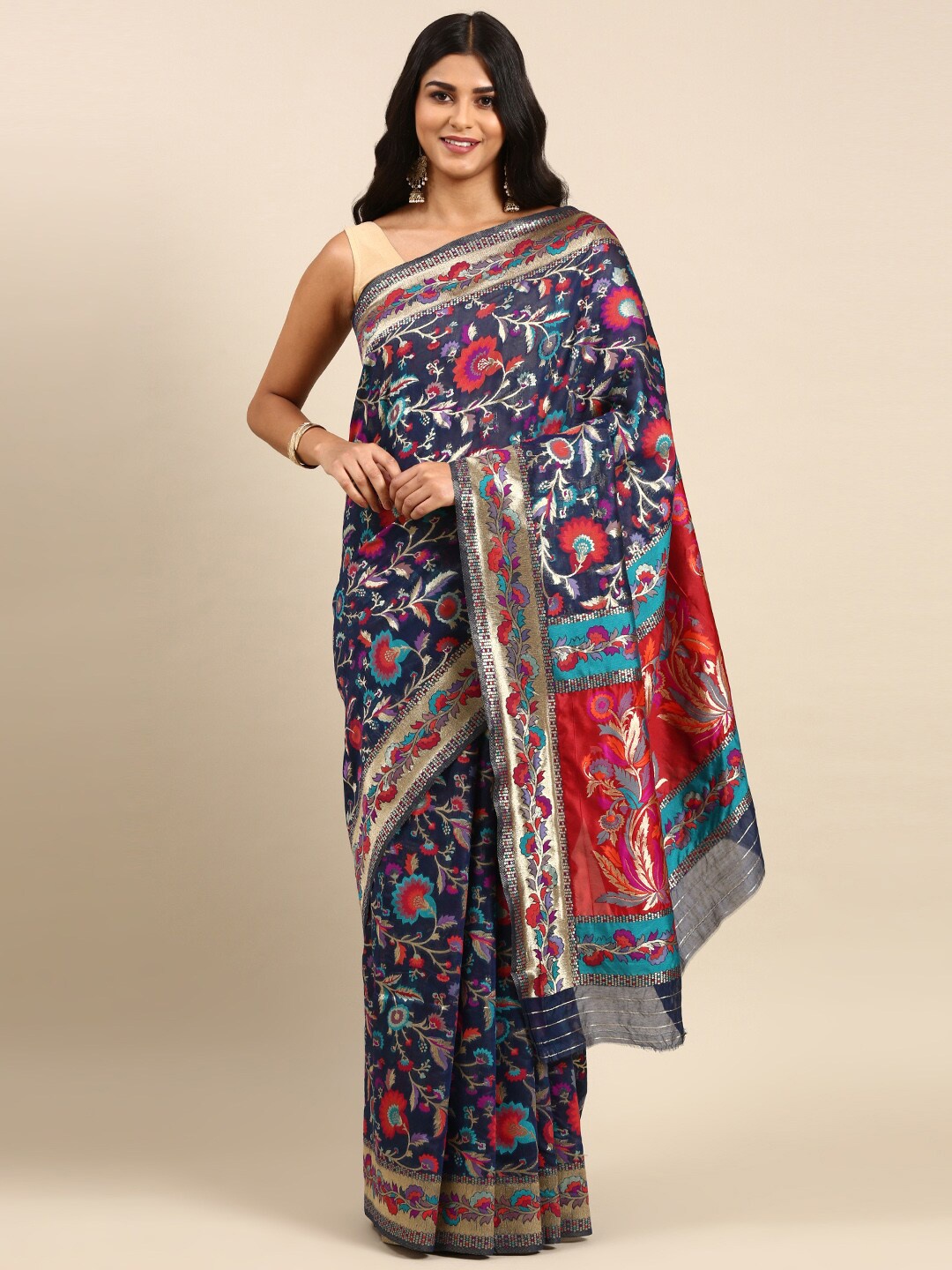 

Anouk Floral Woven Design Zari Silk Blend Saree, Navy blue