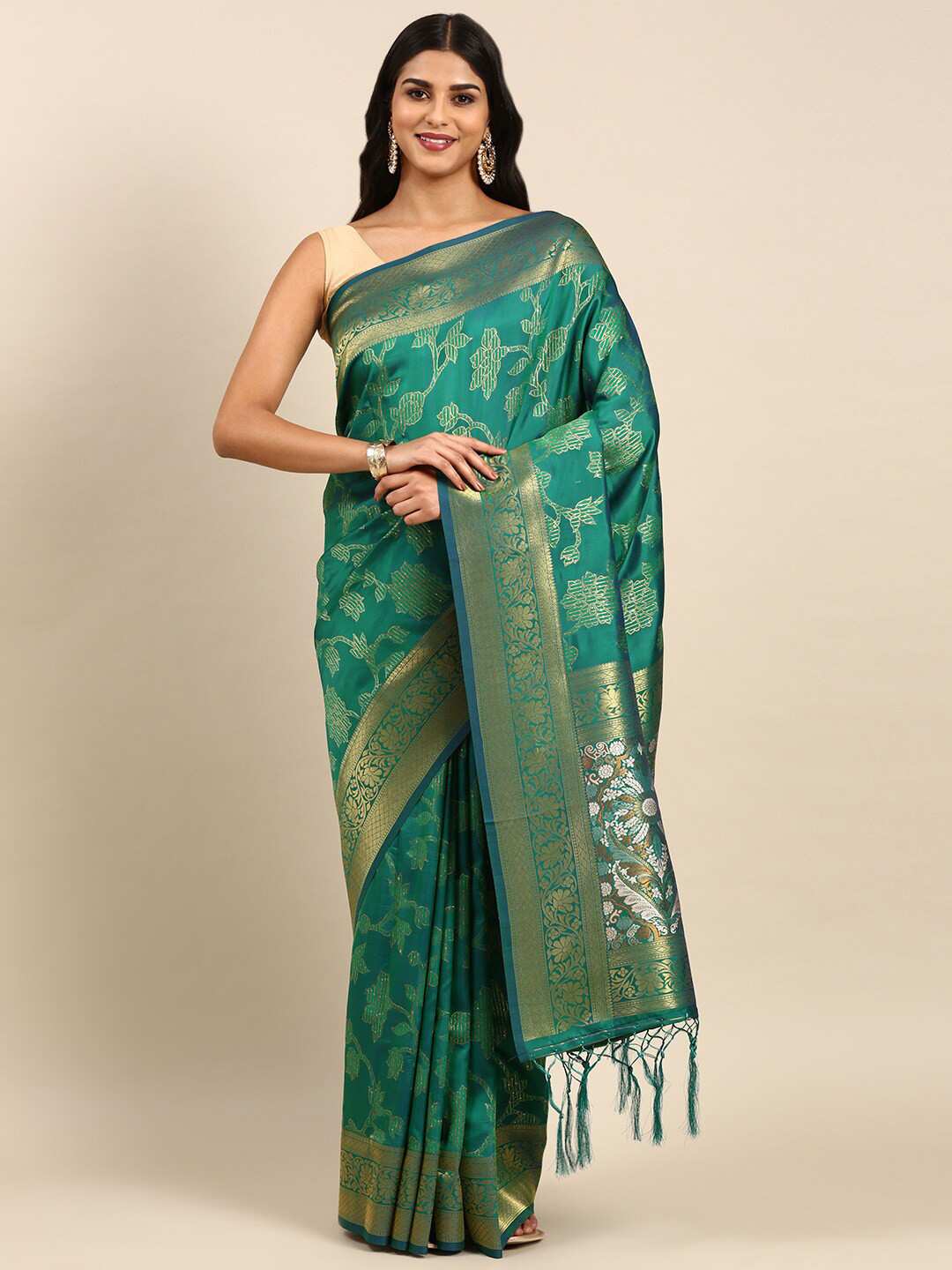 

Anouk Floral Woven Design Zari Saree, Green