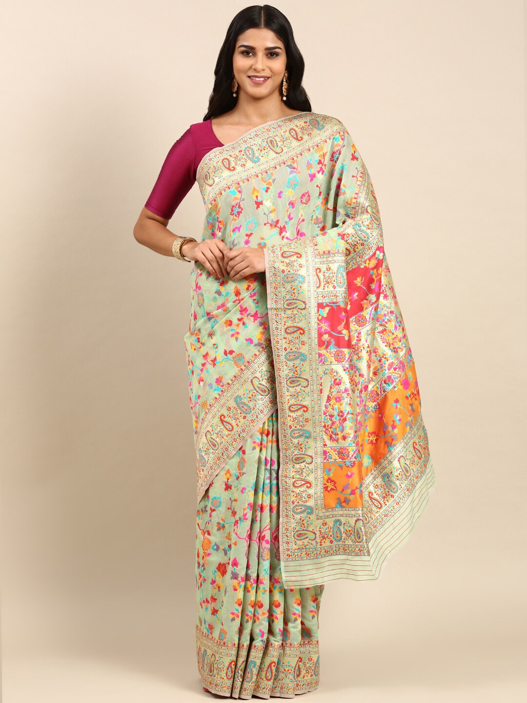 

Anouk Floral Woven Design Zari Saree, Green