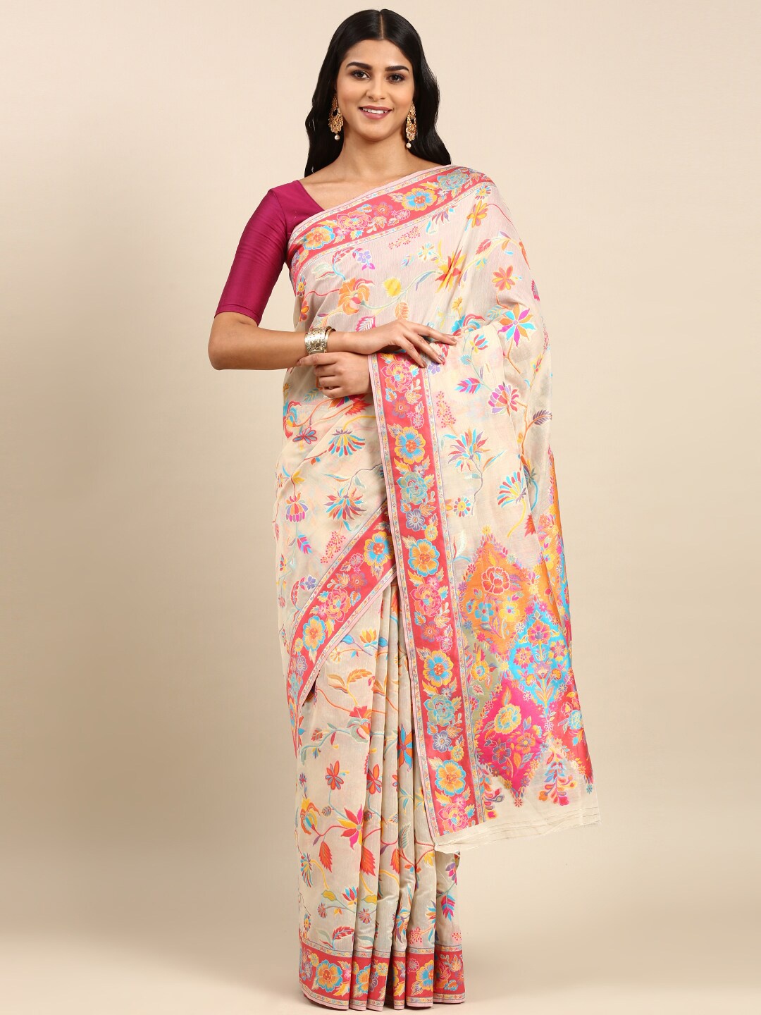 

Anouk Floral Woven Design Zari Saree, Cream