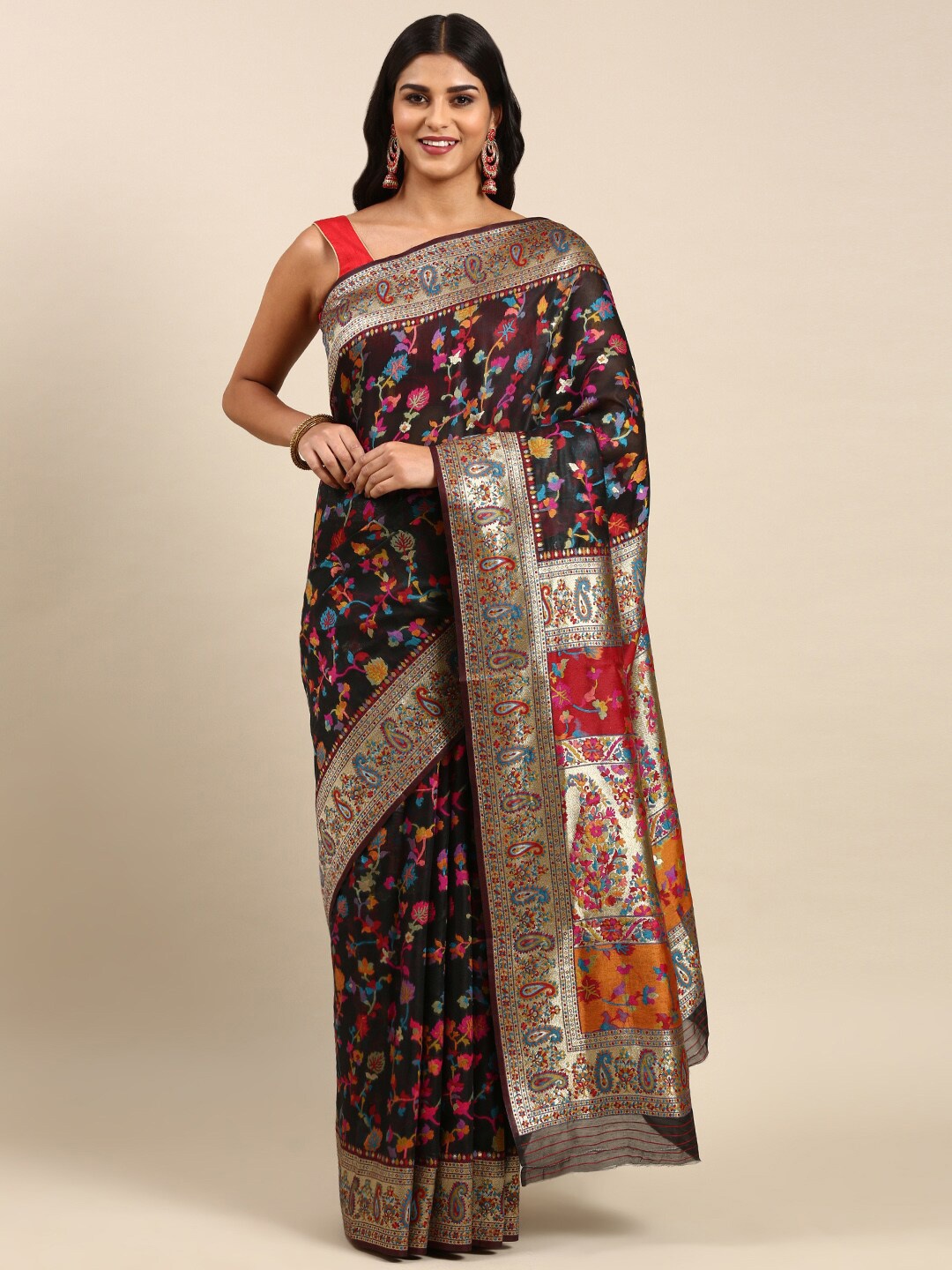 

Anouk Floral Woven Design Zari Saree, Black