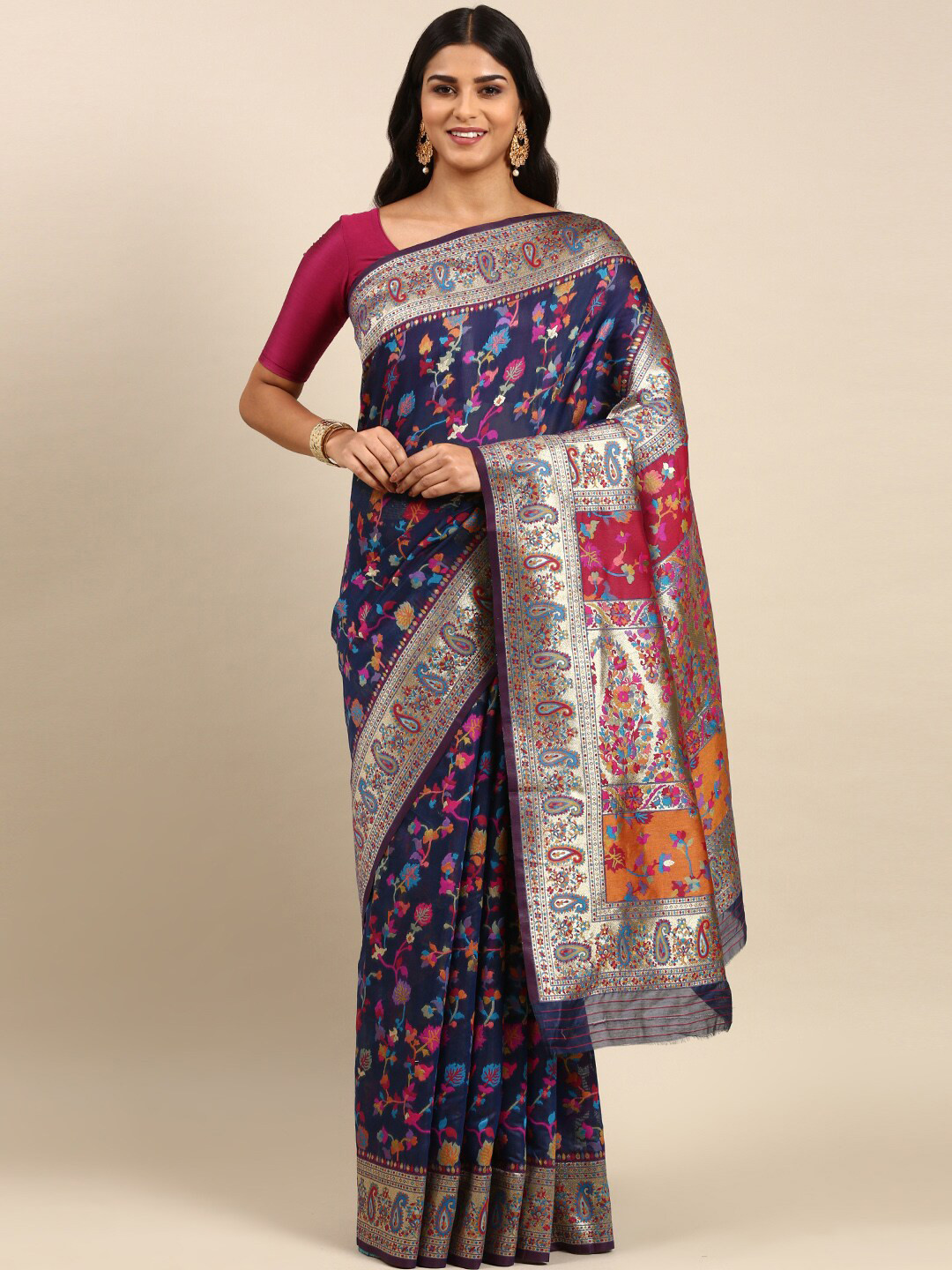 

Anouk Floral Woven Design Zari Saree, Navy blue