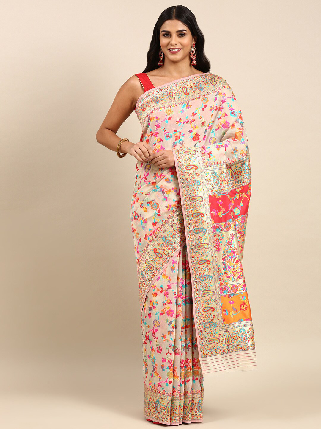 

Anouk Floral Woven Design Zari Saree, Cream