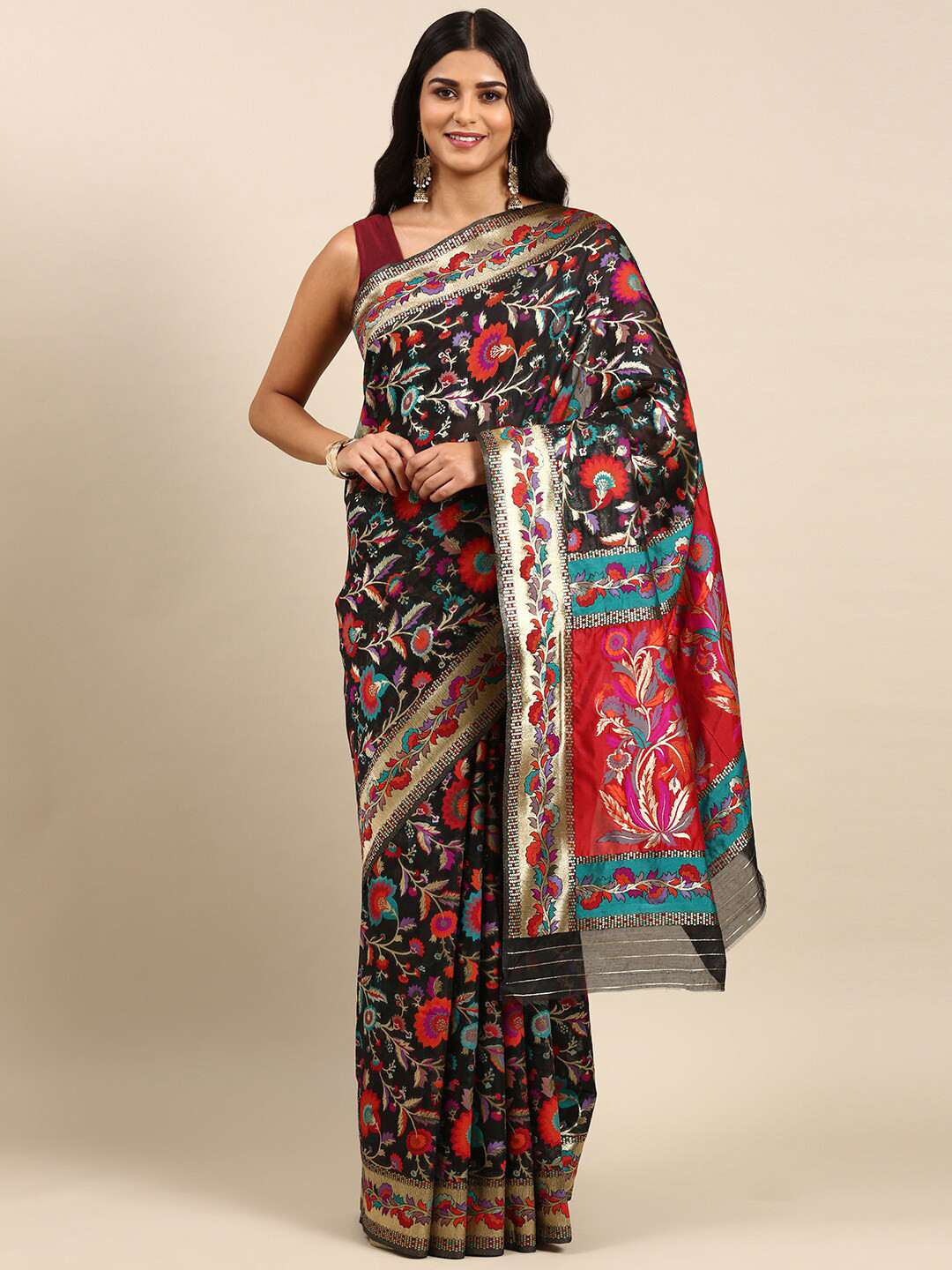 

Anouk Floral Woven Design Zari Saree, Black