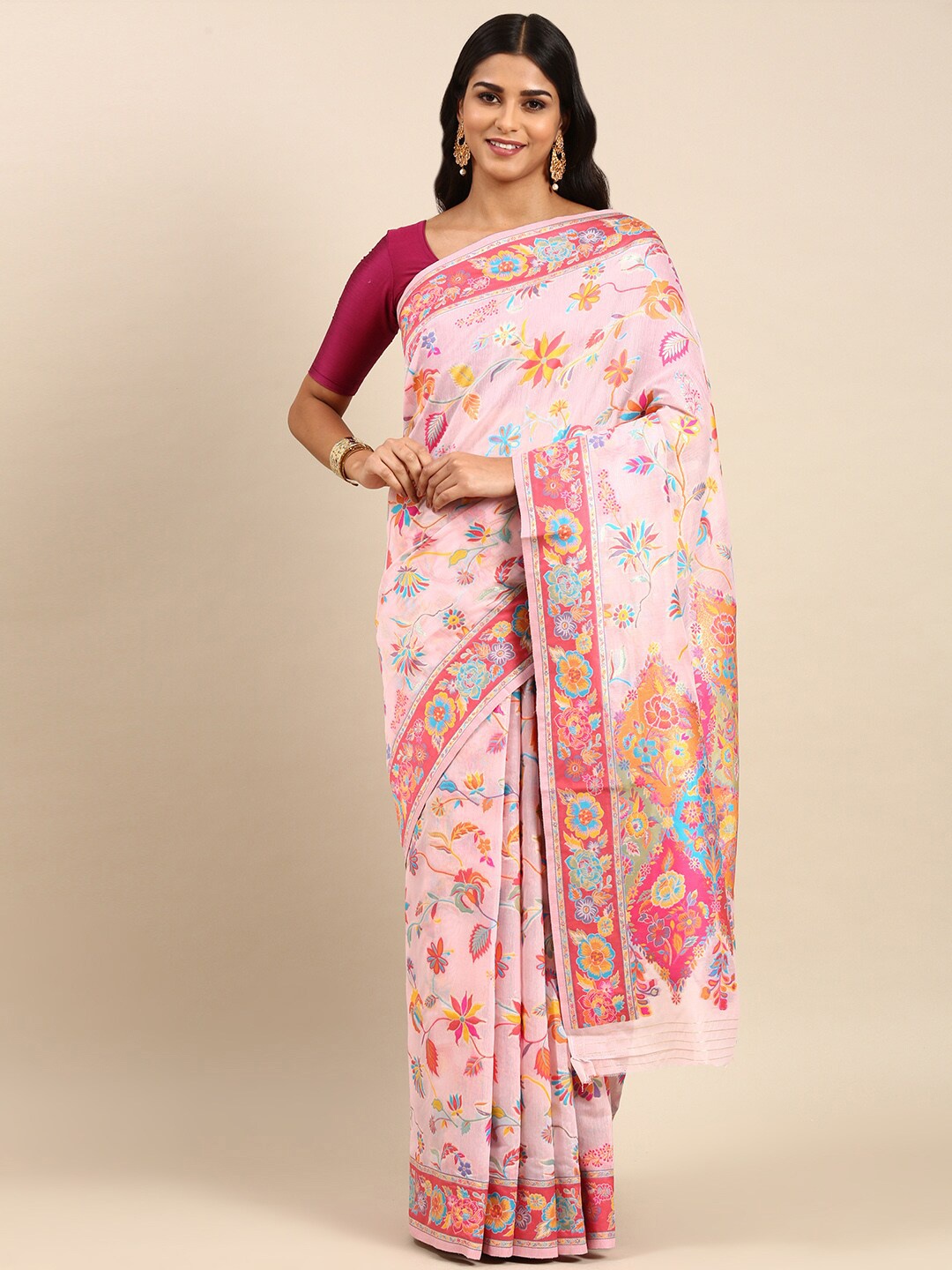 

Anouk Floral Motif Woven Design Zari Saree, Pink