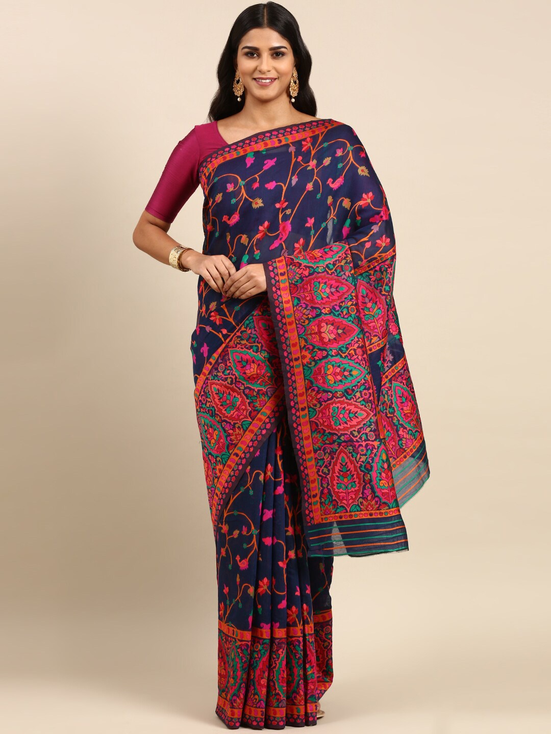 

Anouk Floral Motif Woven Design Saree, Navy blue